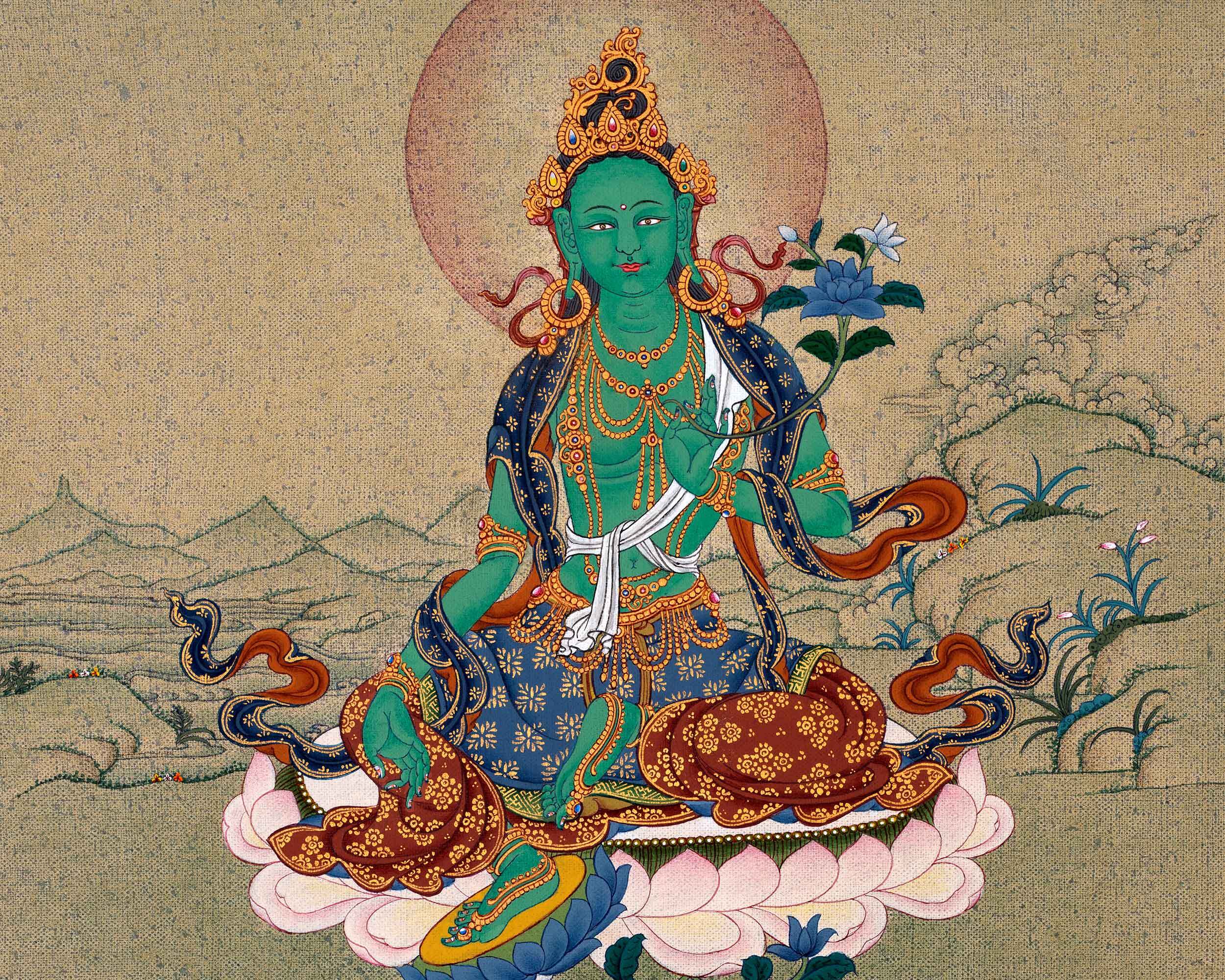 Green Tara, Dolma Tibetan Thangka, Hand Painted Tara in Natural Stone Colors and 24K Gold