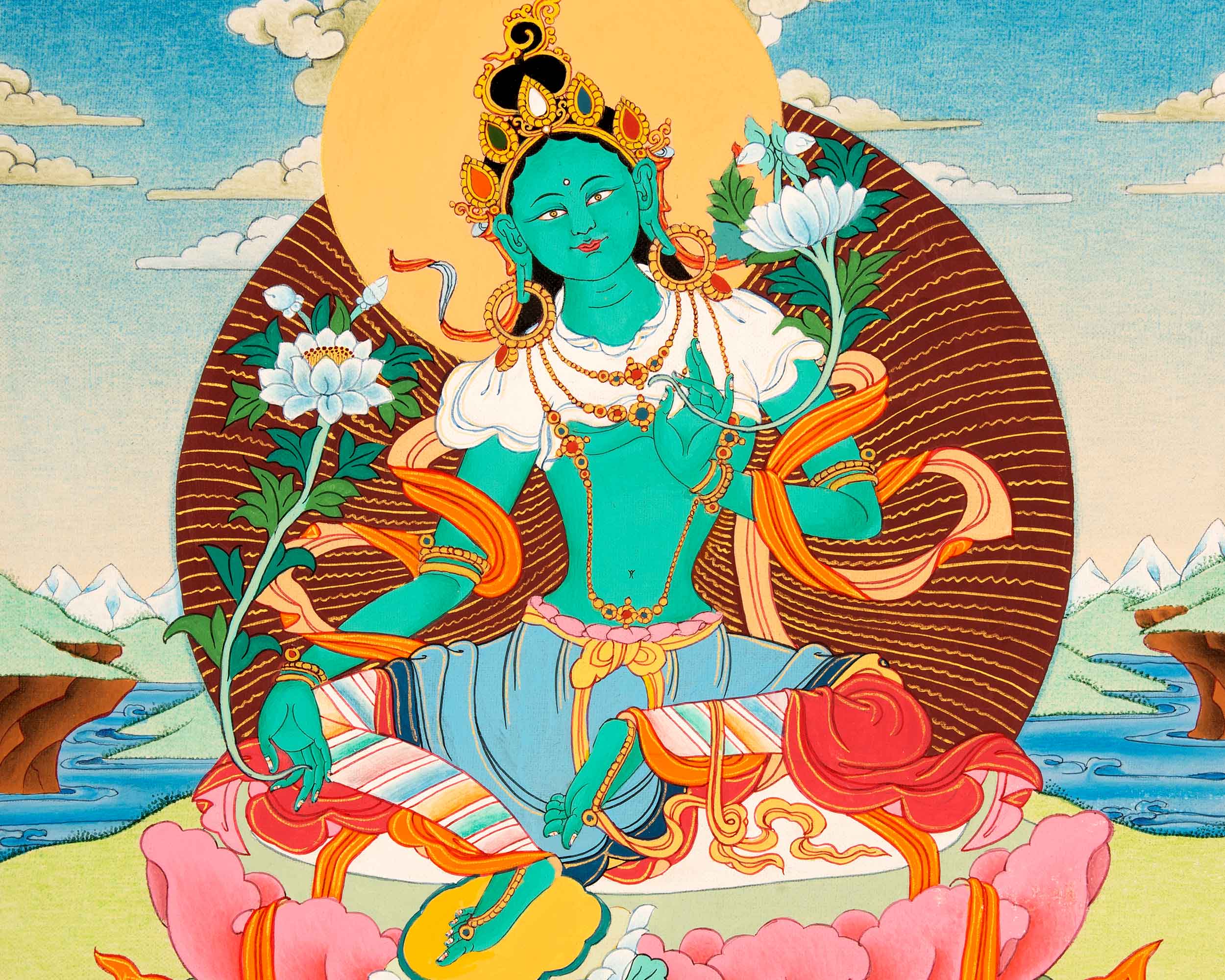 Green Tara Buddhist Thangka | Genuinely Hand Painted with 24k Gold
