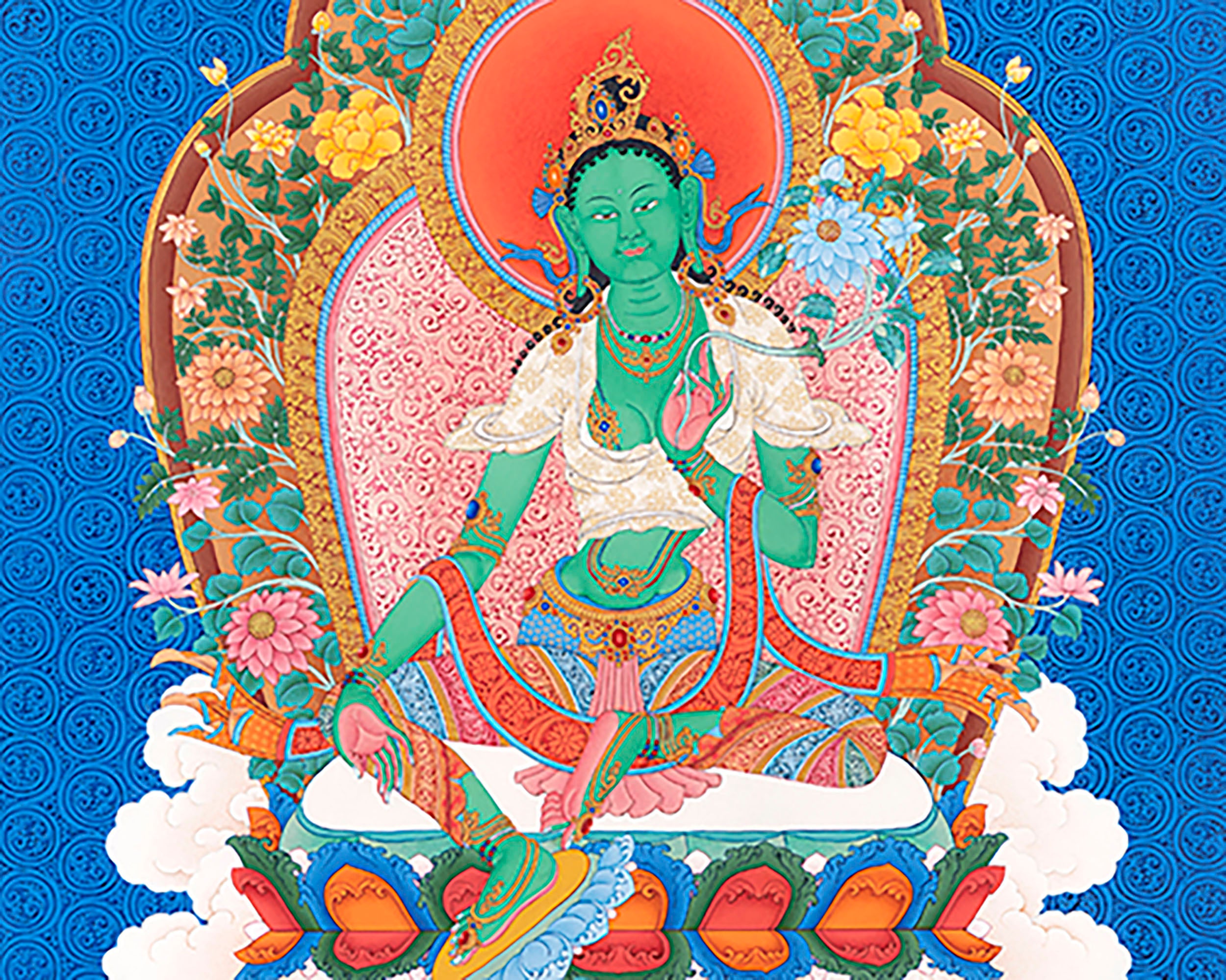 Thangka of Green Tara | Compassion and Protection | Silk Brocade Mounted