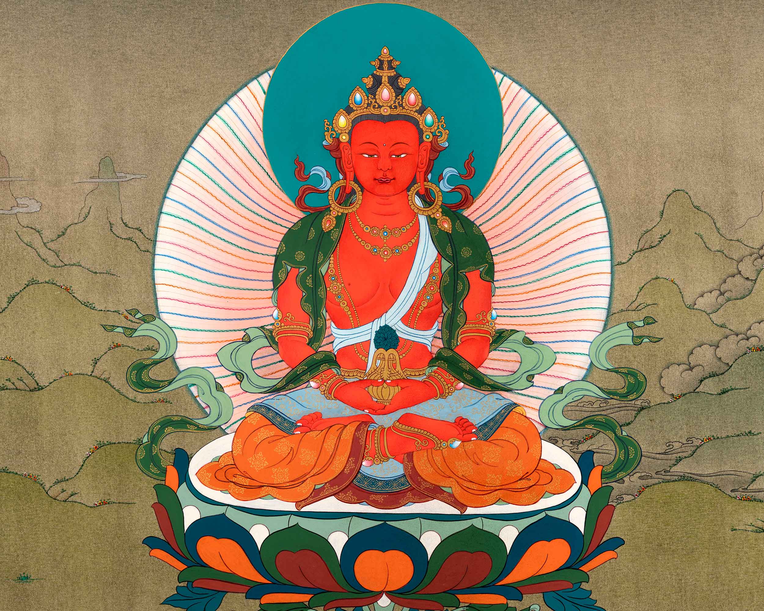Himalayan Amitayus Long Life Practice Thangka | Buddha Amitayus With White Tara and Namgyalma