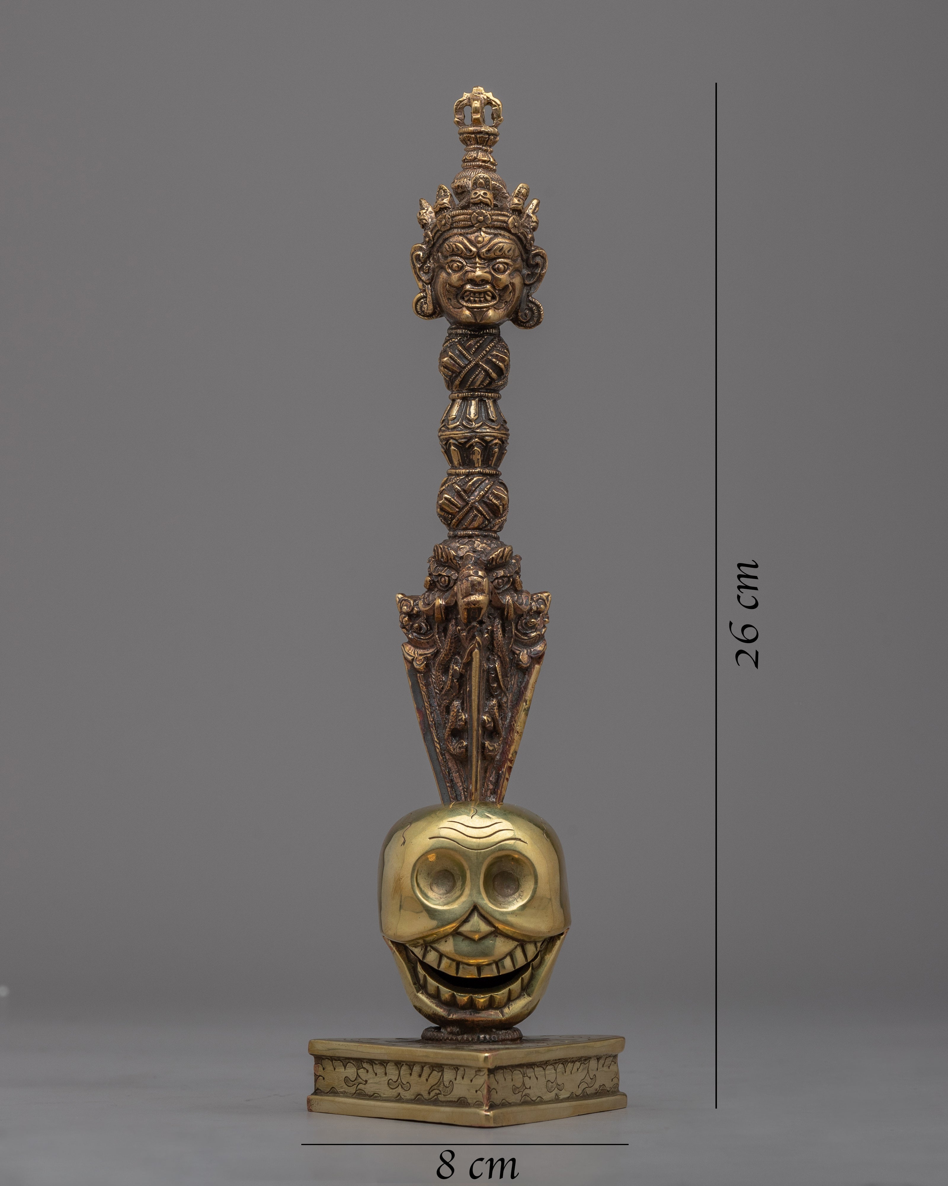 Brass Buddhist Knife with Skull Stand | Phurba for Rituals and Ceremonies"