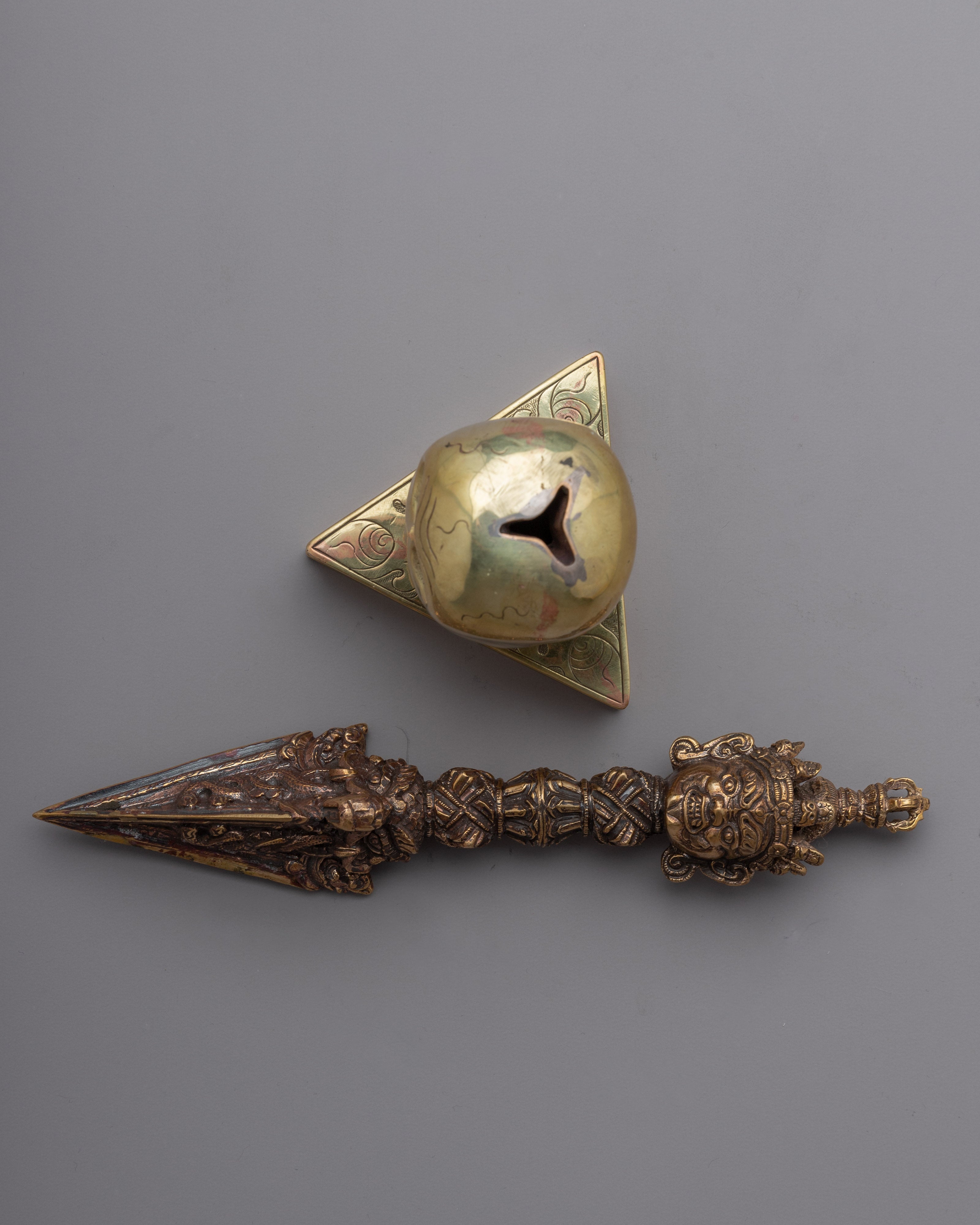 Brass Buddhist Knife with Skull Stand | Phurba for Rituals and Ceremonies"