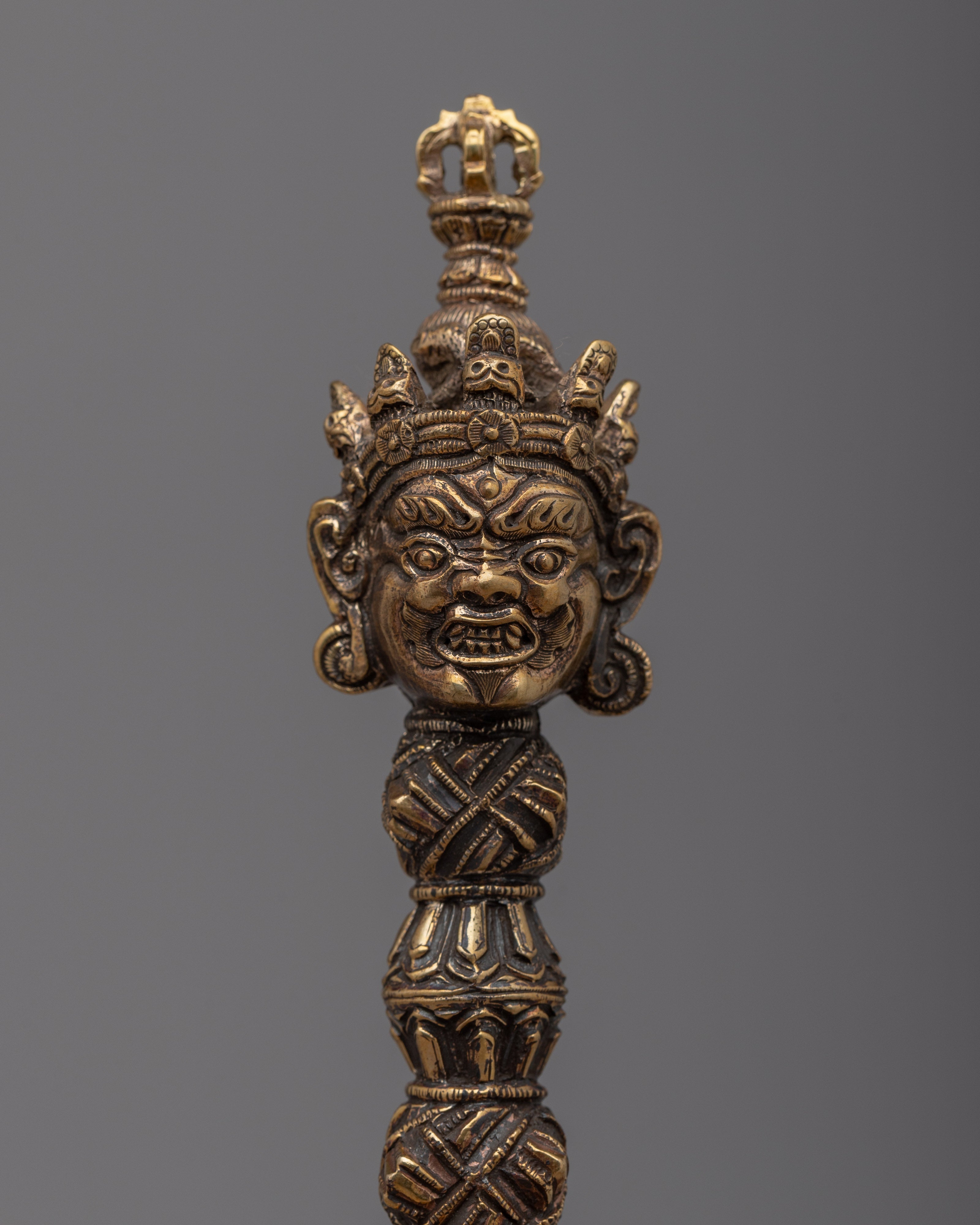 Brass Buddhist Knife with Skull Stand | Phurba for Rituals and Ceremonies"