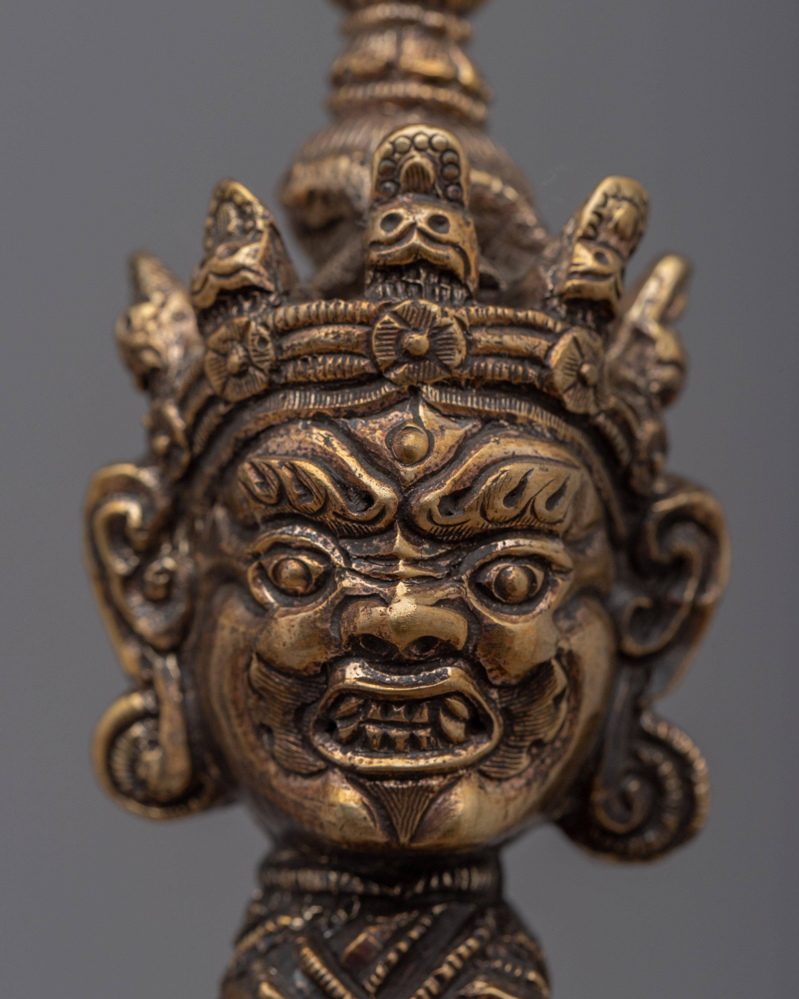 Brass Buddhist Knife with Skull Stand | Phurba for Rituals and Ceremonies"