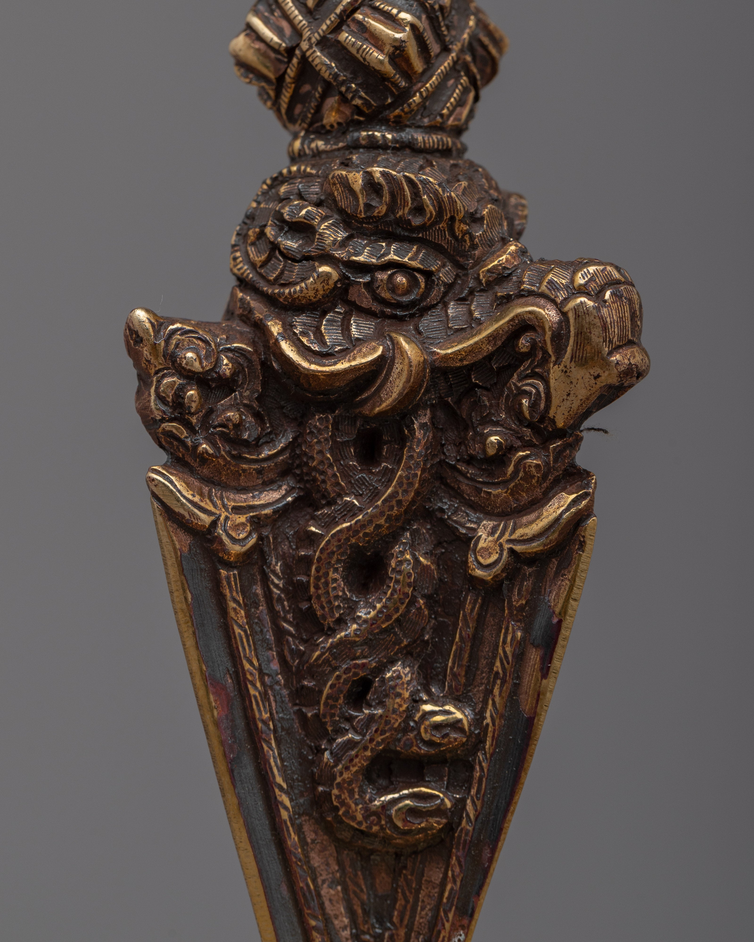 Brass Buddhist Knife with Skull Stand | Phurba for Rituals and Ceremonies"
