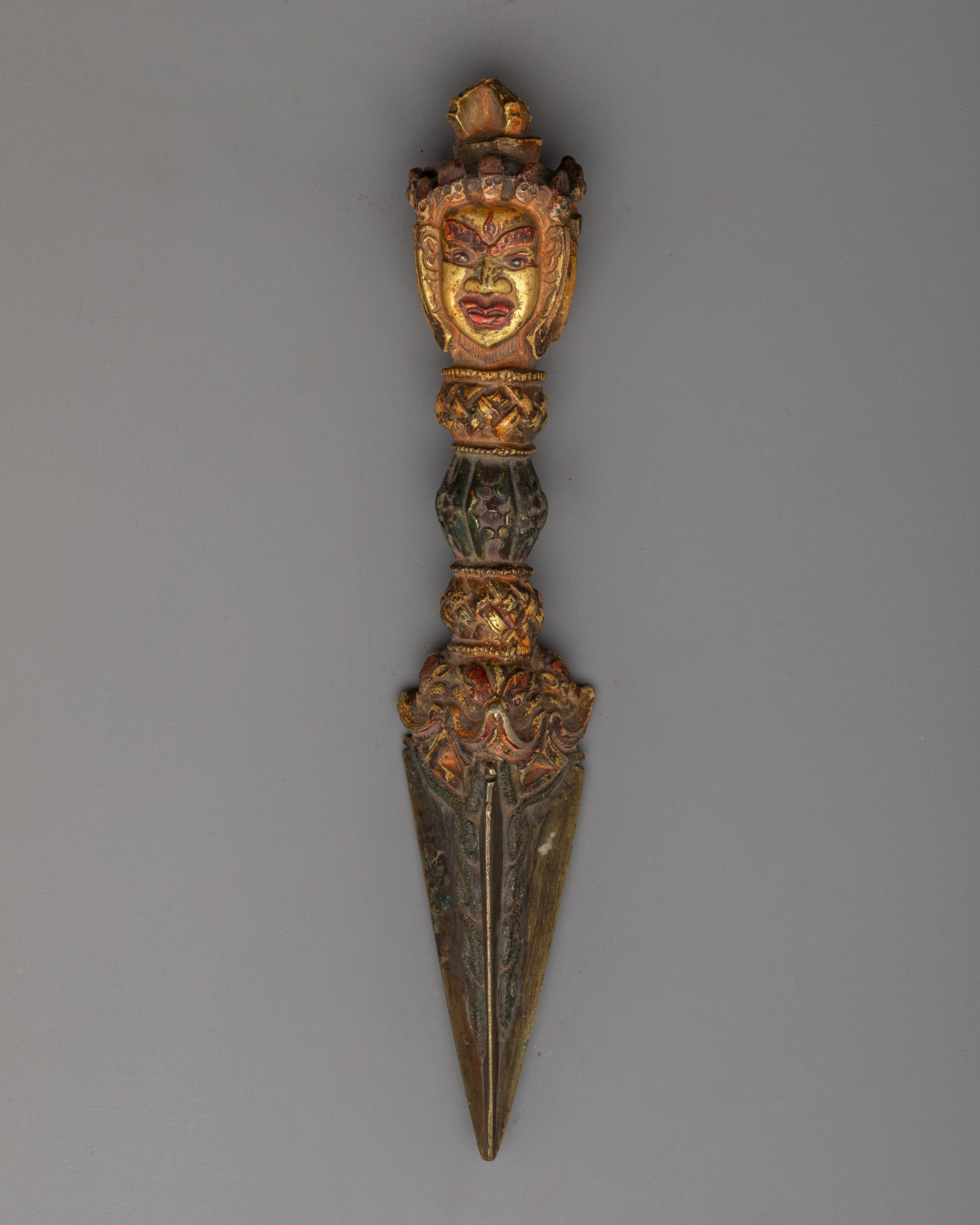 24K Gold Plated Handcrafted Copper Vajra Phurba | Sacred Tibetan Ritual Tool