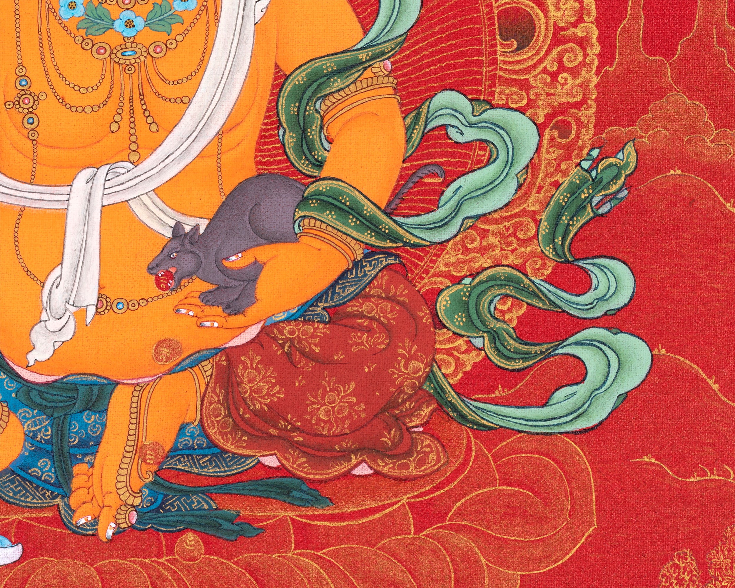 Jambala Thangka | Dzambhala Painting | Hand-painted Buddhist Wealth Deity | Red And Gold