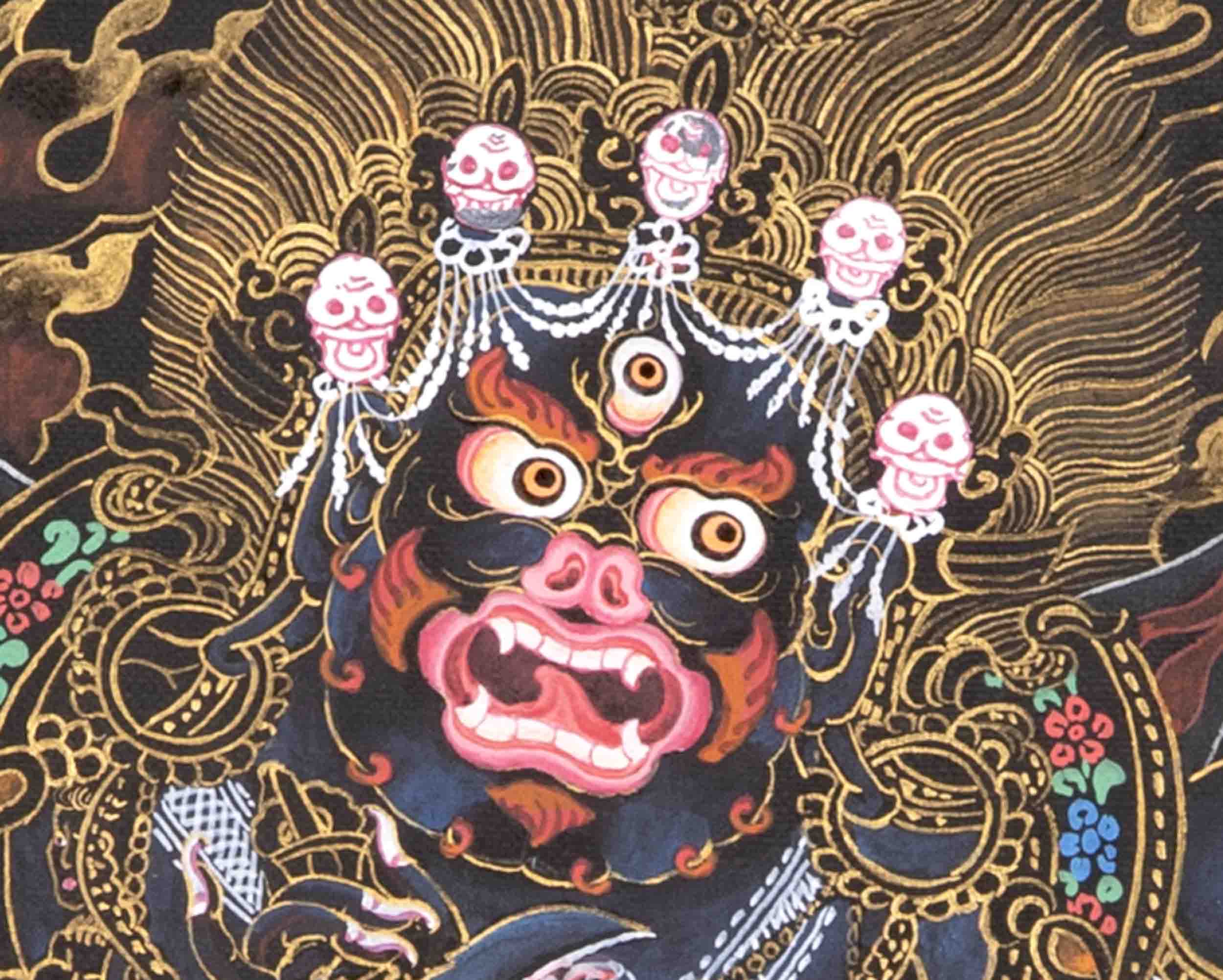 6 Armed Mahakala with Banarasi Silk Brocade | Hand Painted Thangka Art