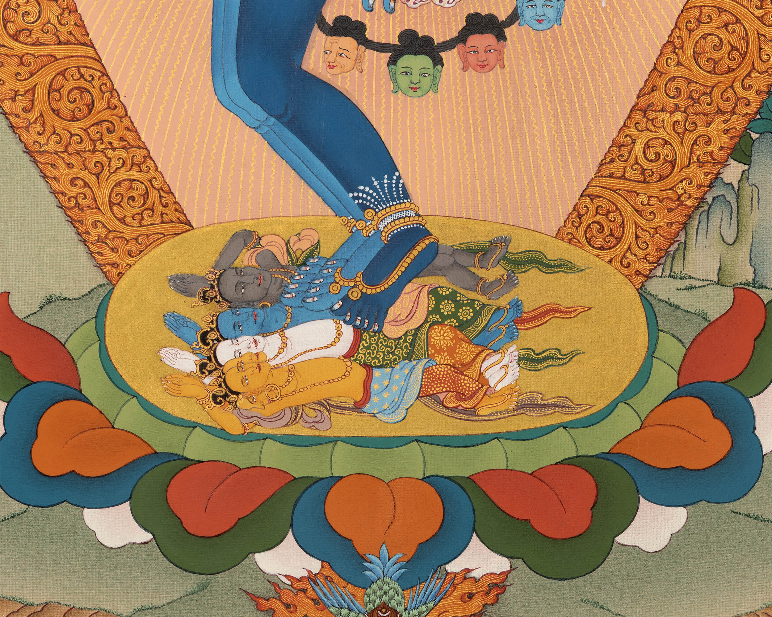 Hevajra with Vajra Nairatmya and the 8 Dakinis, Tibetan Thangka Painting