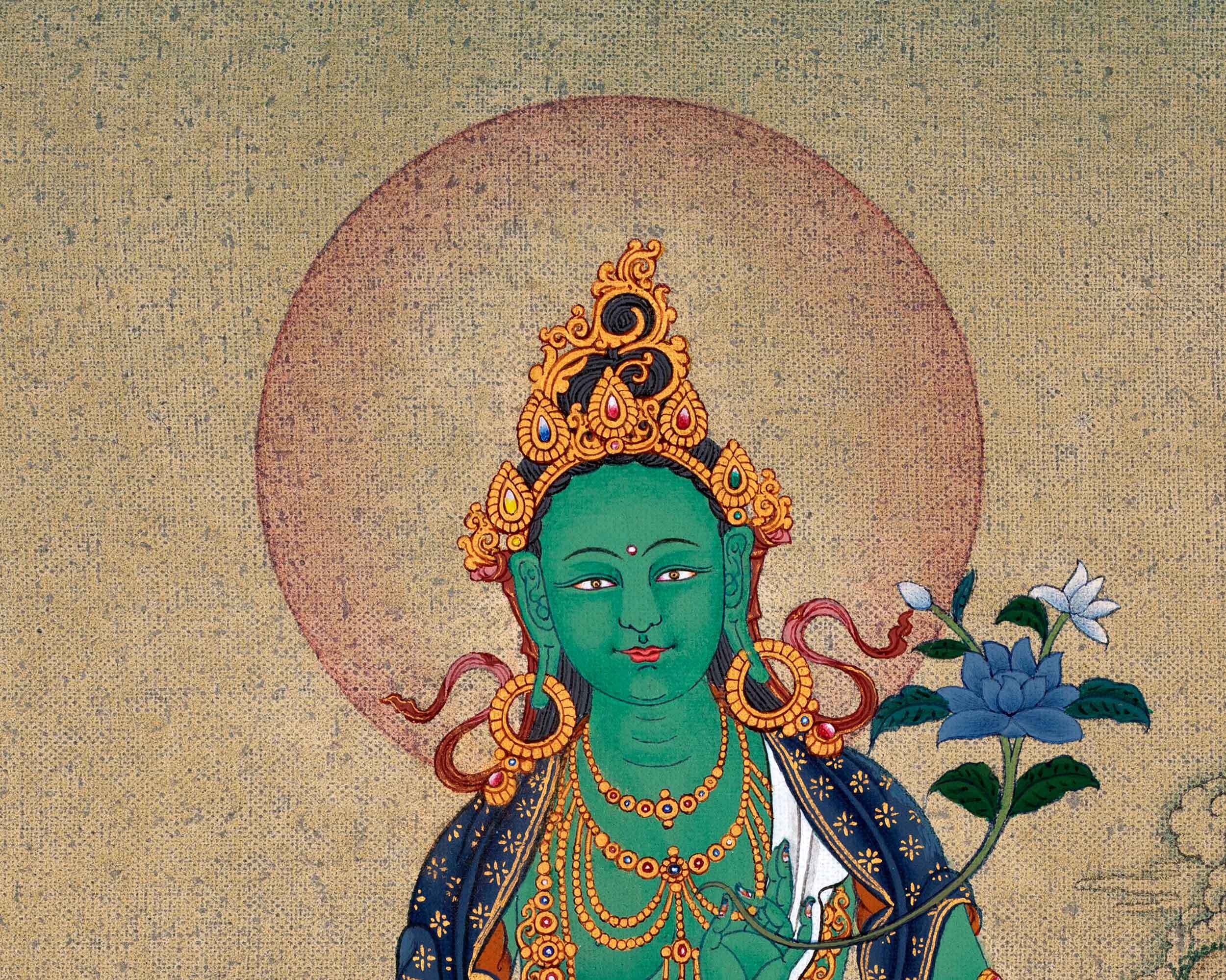 Green Tara, Dolma Tibetan Thangka, Hand Painted Tara in Natural Stone Colors and 24K Gold
