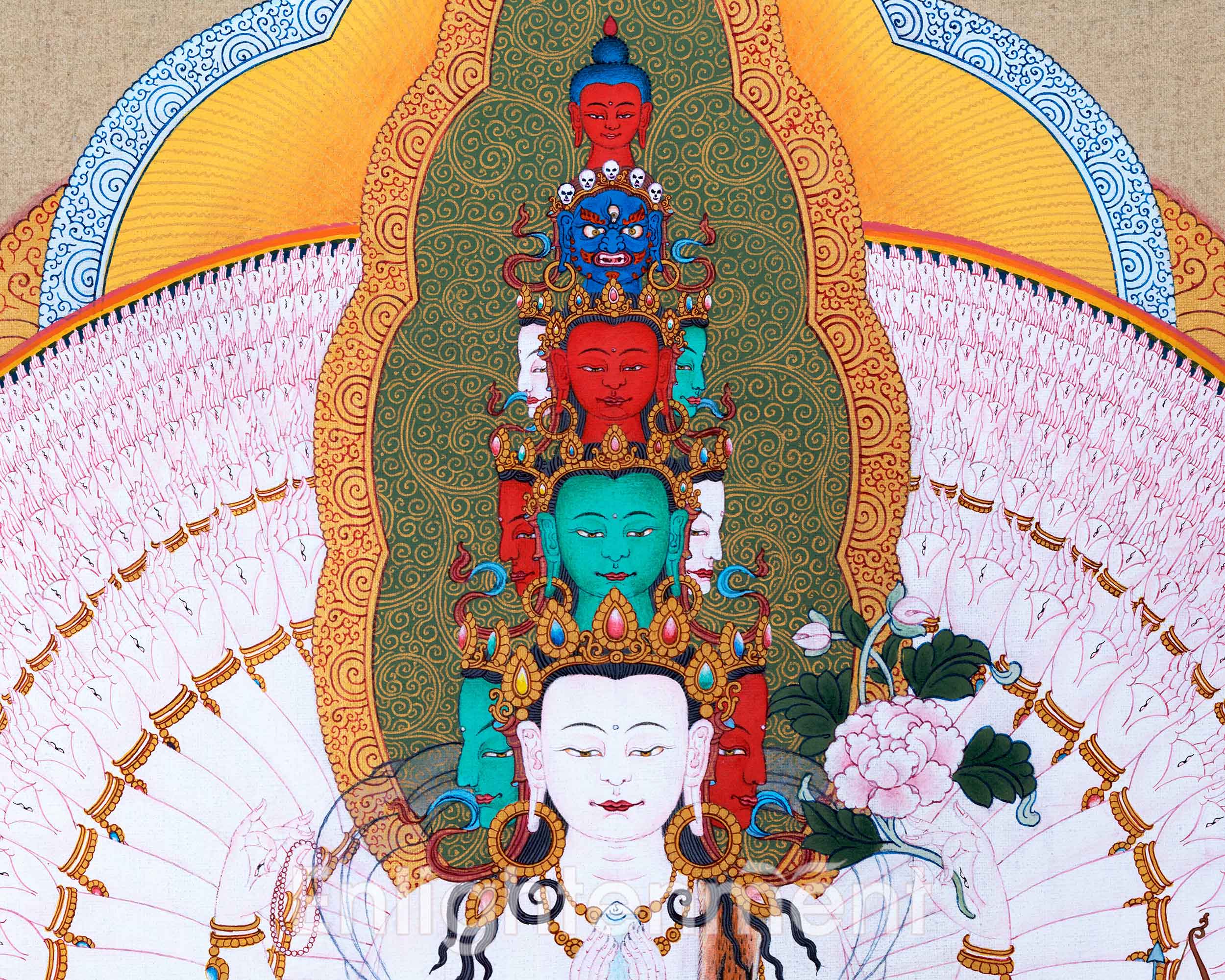 1000 Armed Chenrezig Practice Thangka On Cotton Canvas Using Acrylic Colors | Sacred Art for Daily Practice