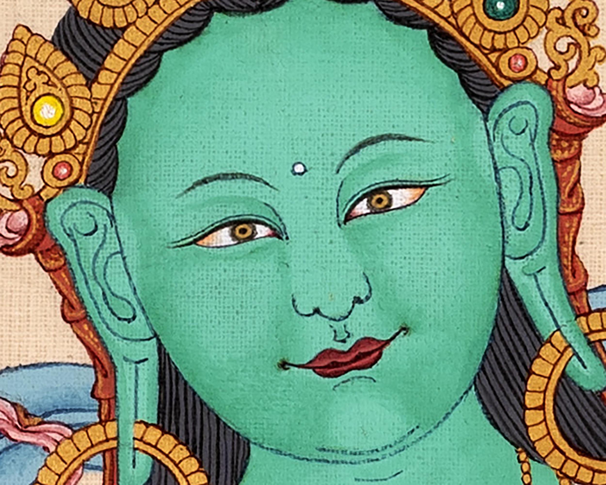 Green Tara Painting Art | Traditional Tibetan Tara Meditation Thangka