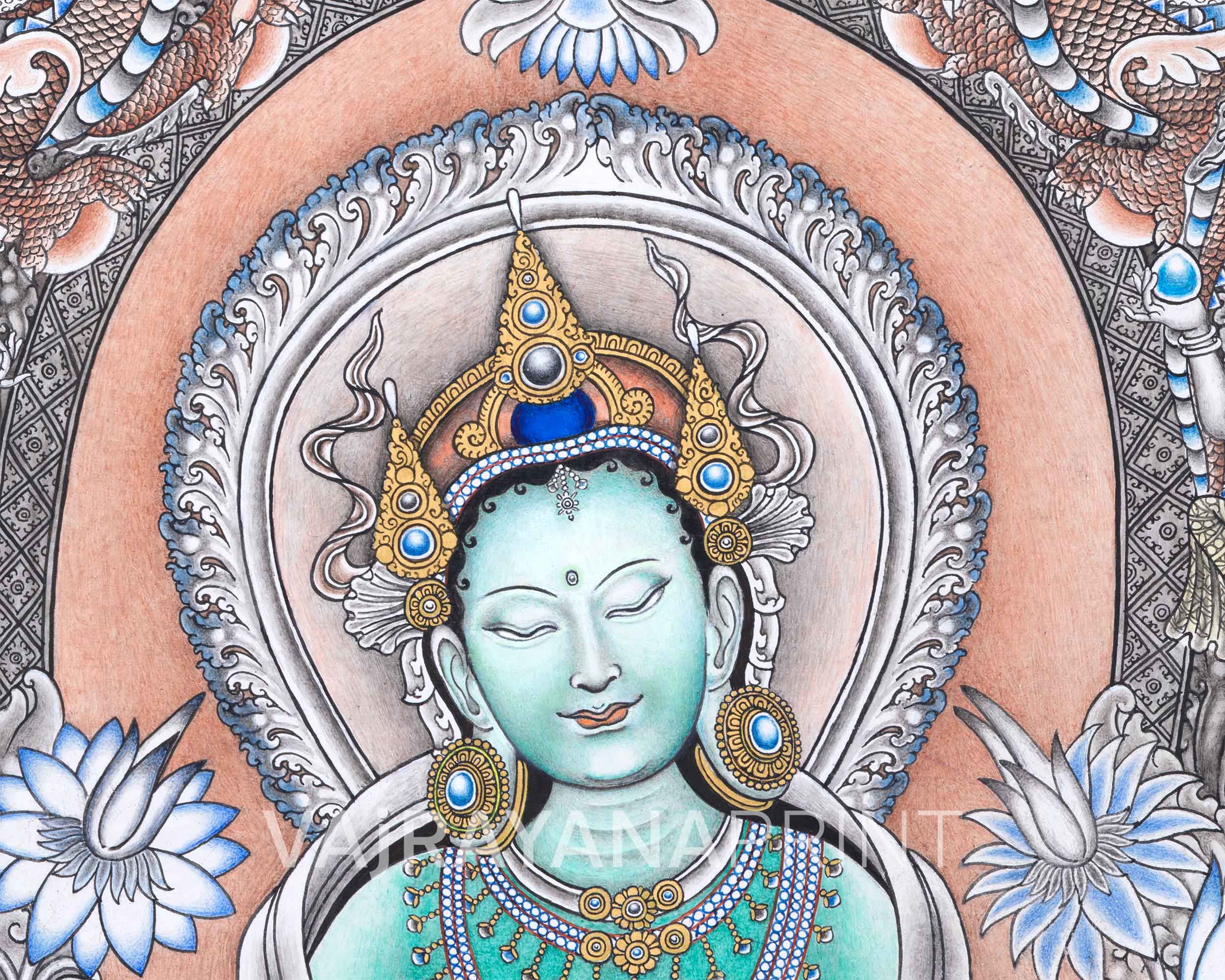 High- Quality Green Tara Guru Nepali Print | Mother Tara Nepali Painting | Home Decoration