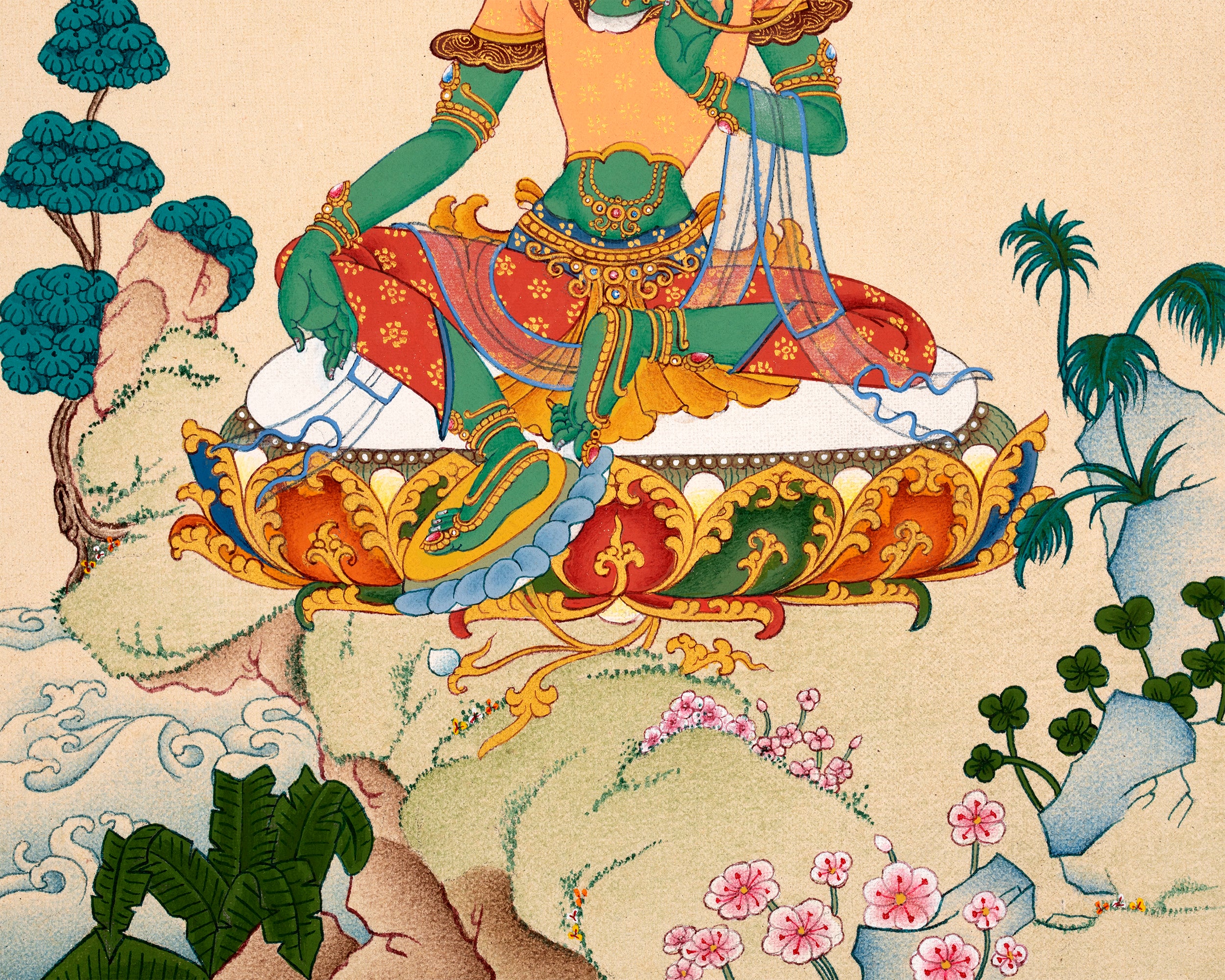 Green Tara Thangka With 24K Gold | Mother Bodhisattva | Traditional Hand-Painted