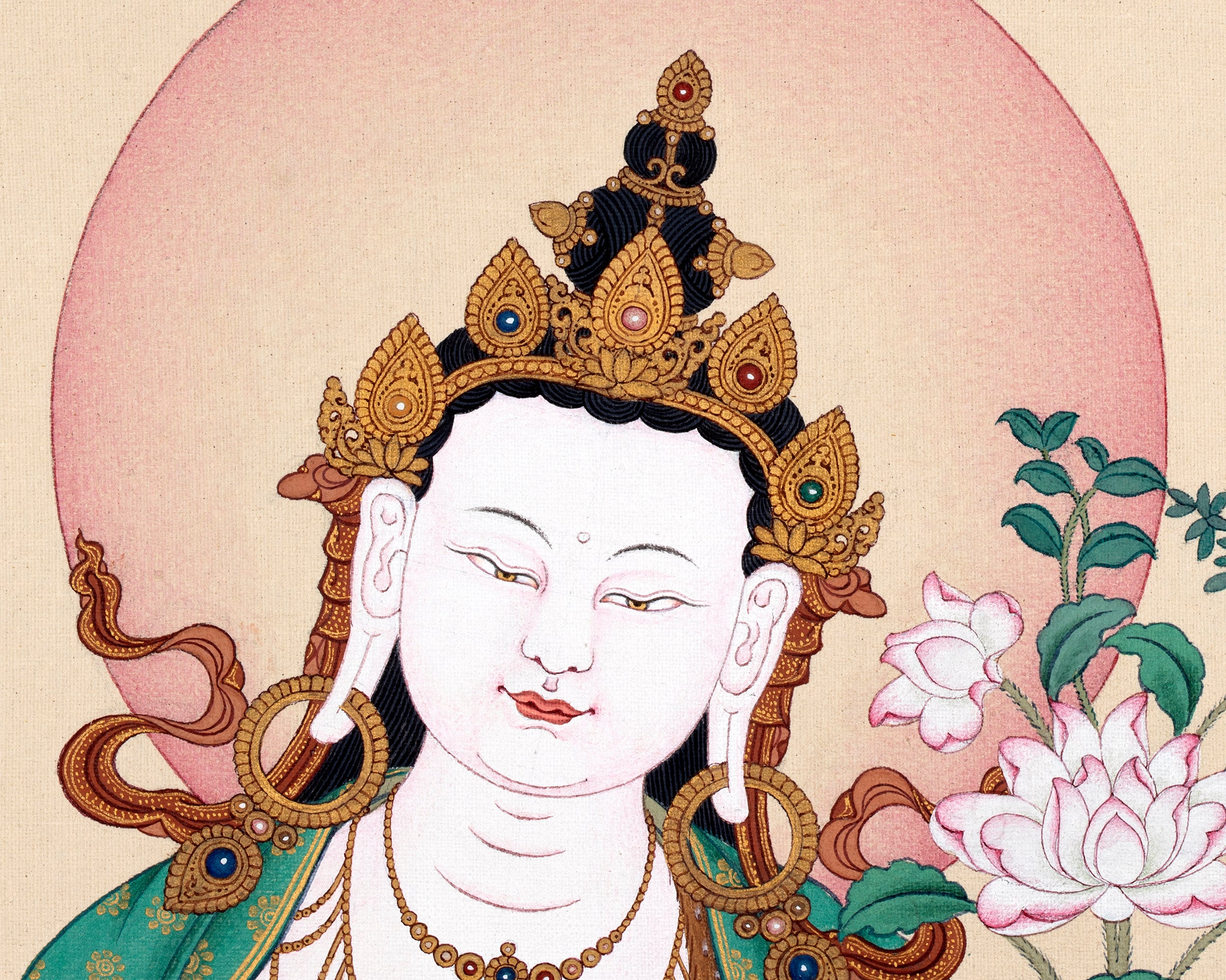 Chenrezig Thangka | 2 Armed Avalokiteshvara in Natural Stone Colors and 24K gold