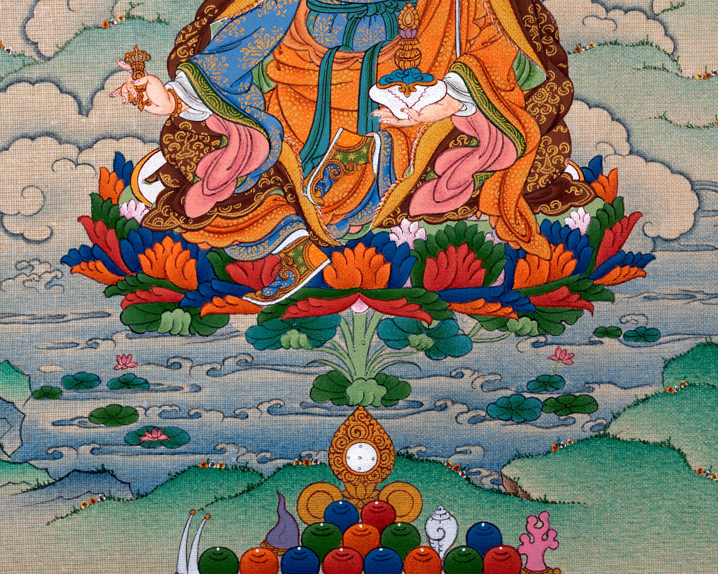 Guru Rinpoche, Padmasambhava Thangka, Tibetan Buddhist Painting in Natural Stone Color & 24K Gold