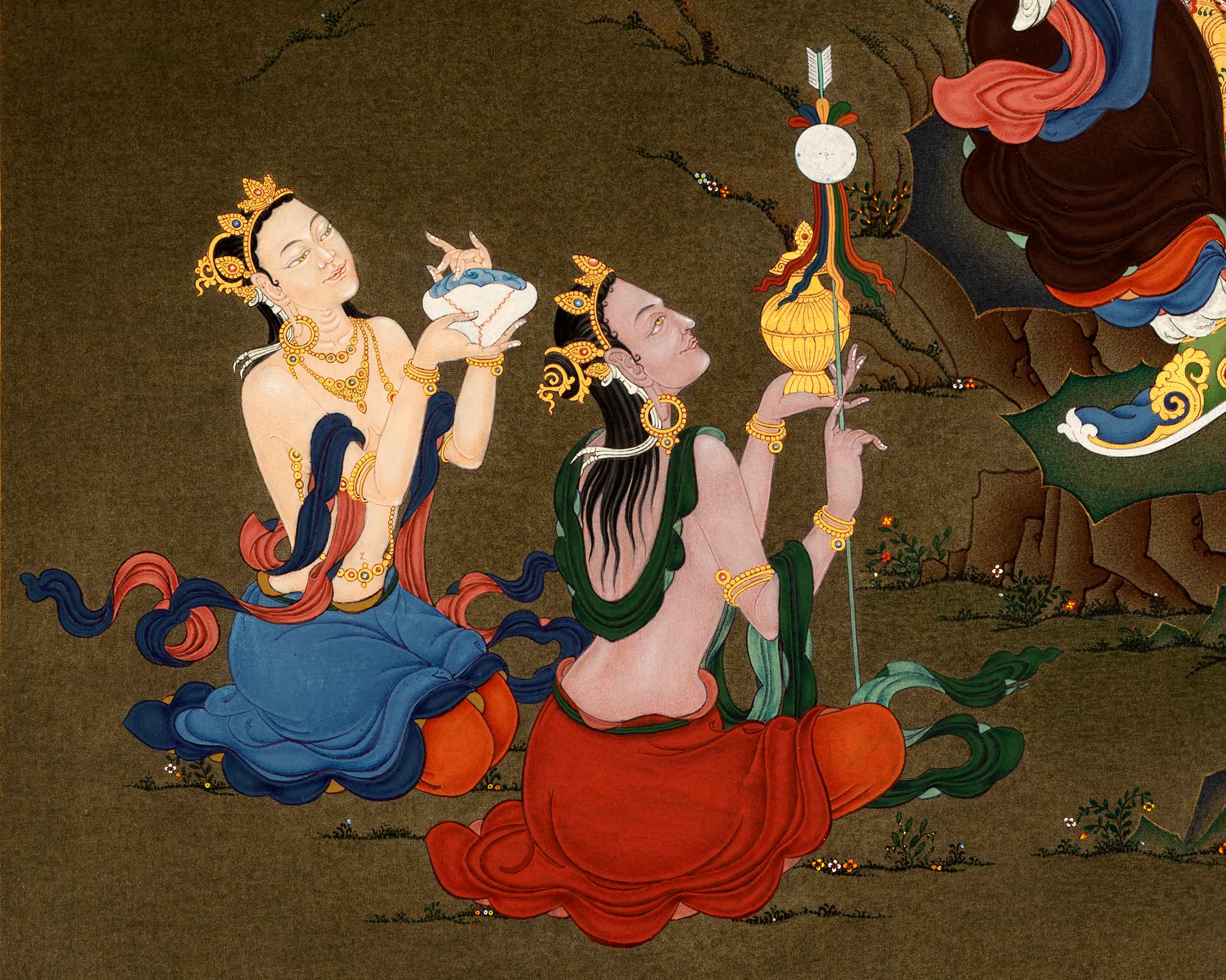 Guru Rinpoche with Consorts| Traditional Hand Painted Buddhist Art