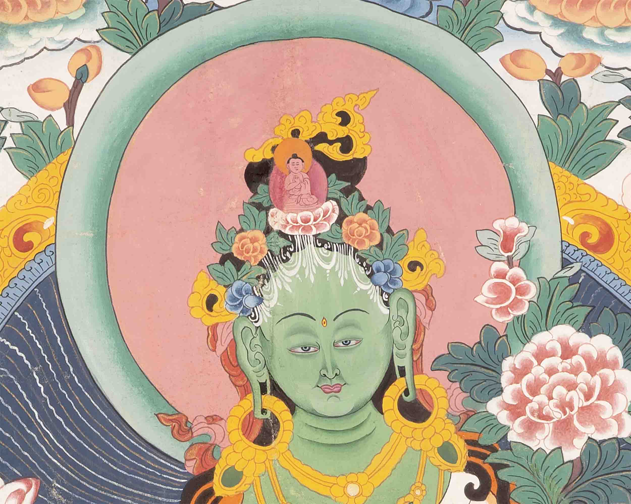 Vintage Green Tara Thangka | Hand Painted Thangka With Brocade
