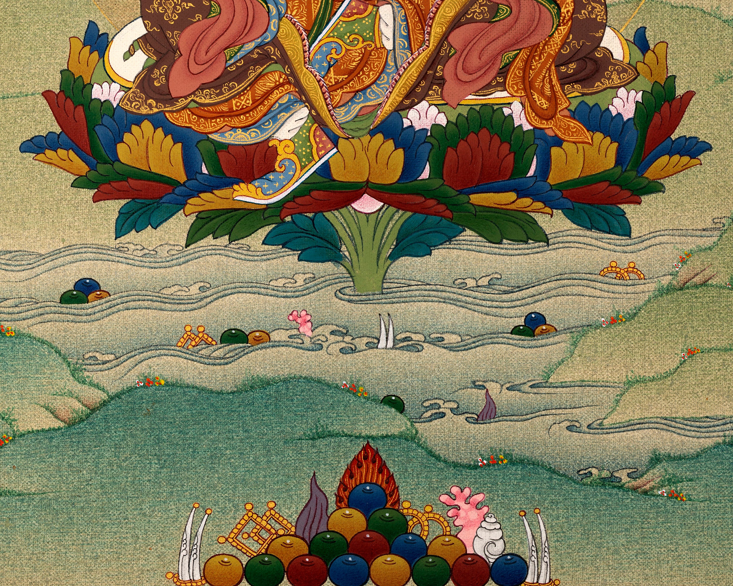 Padmasambhava Thangka | Tibetan Thangka in Natural Stone Color & 24K Gold
