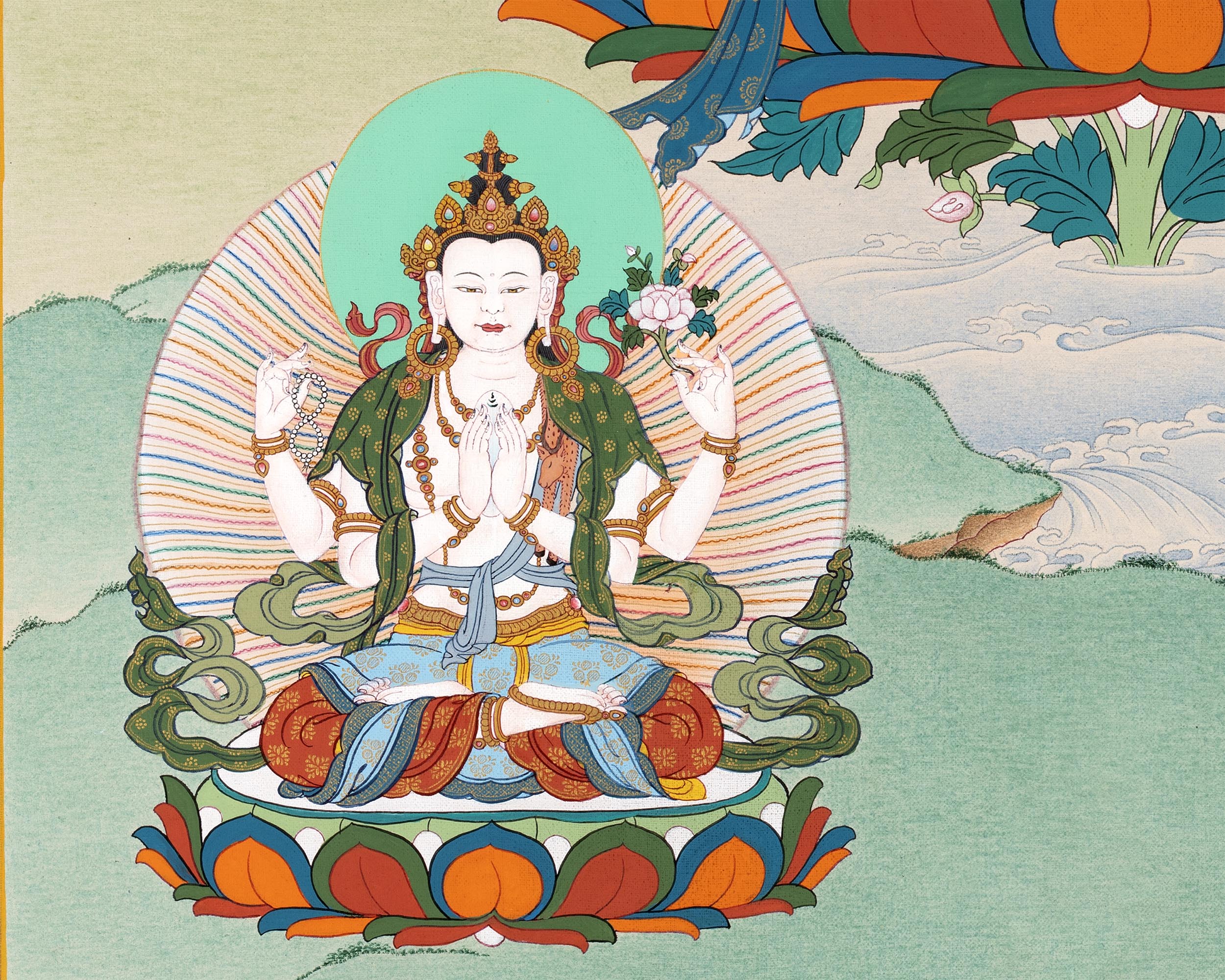Manjushri With Bodhisattvas | Chenrezig | Vajrapani | Buddhist Deity Thangka