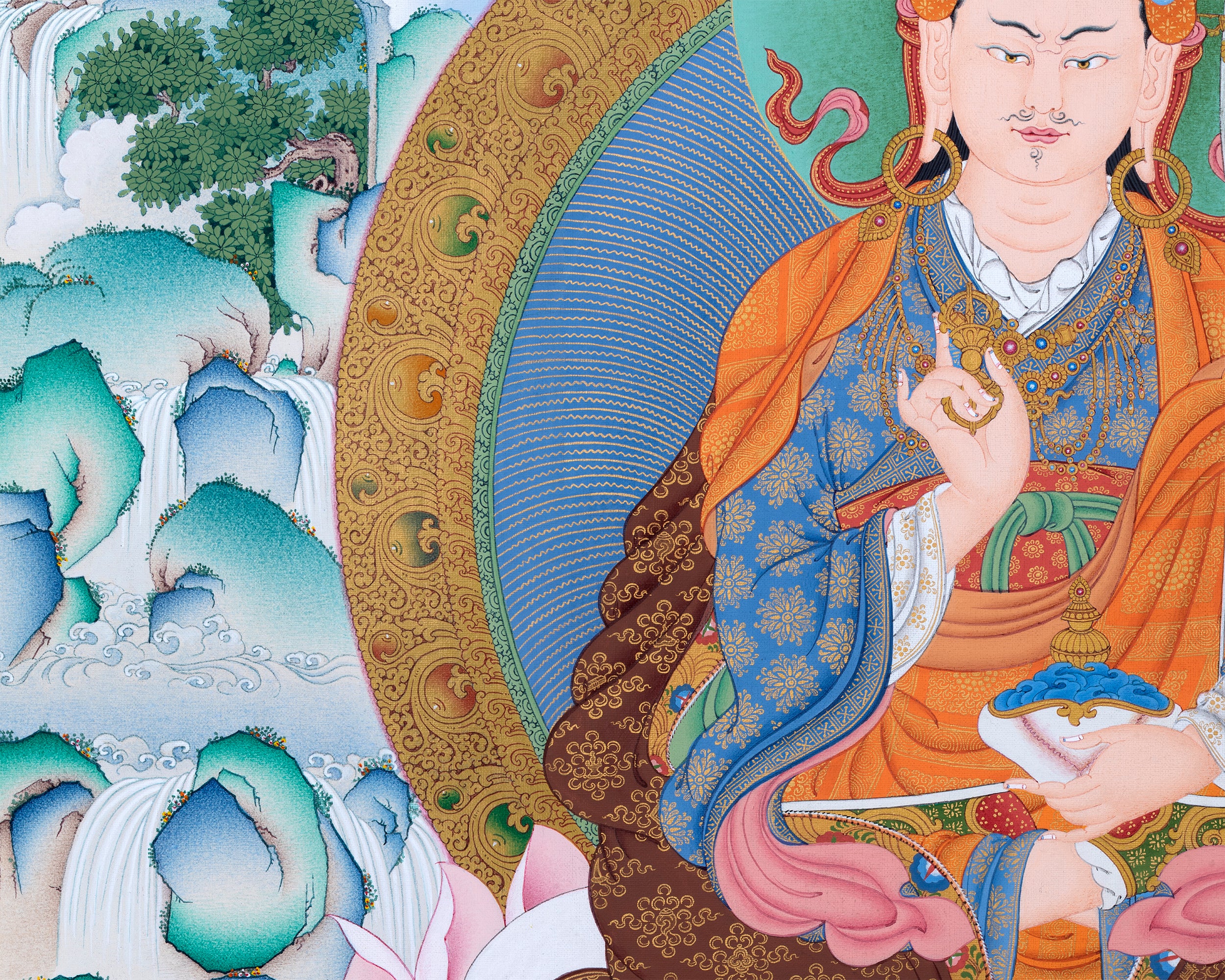 Guru Rinpoche, Padmasambhava Thangka, Tibetan Buddhist Painting in Natural Stone Color & 24K Gold (includes a silk brocade)
