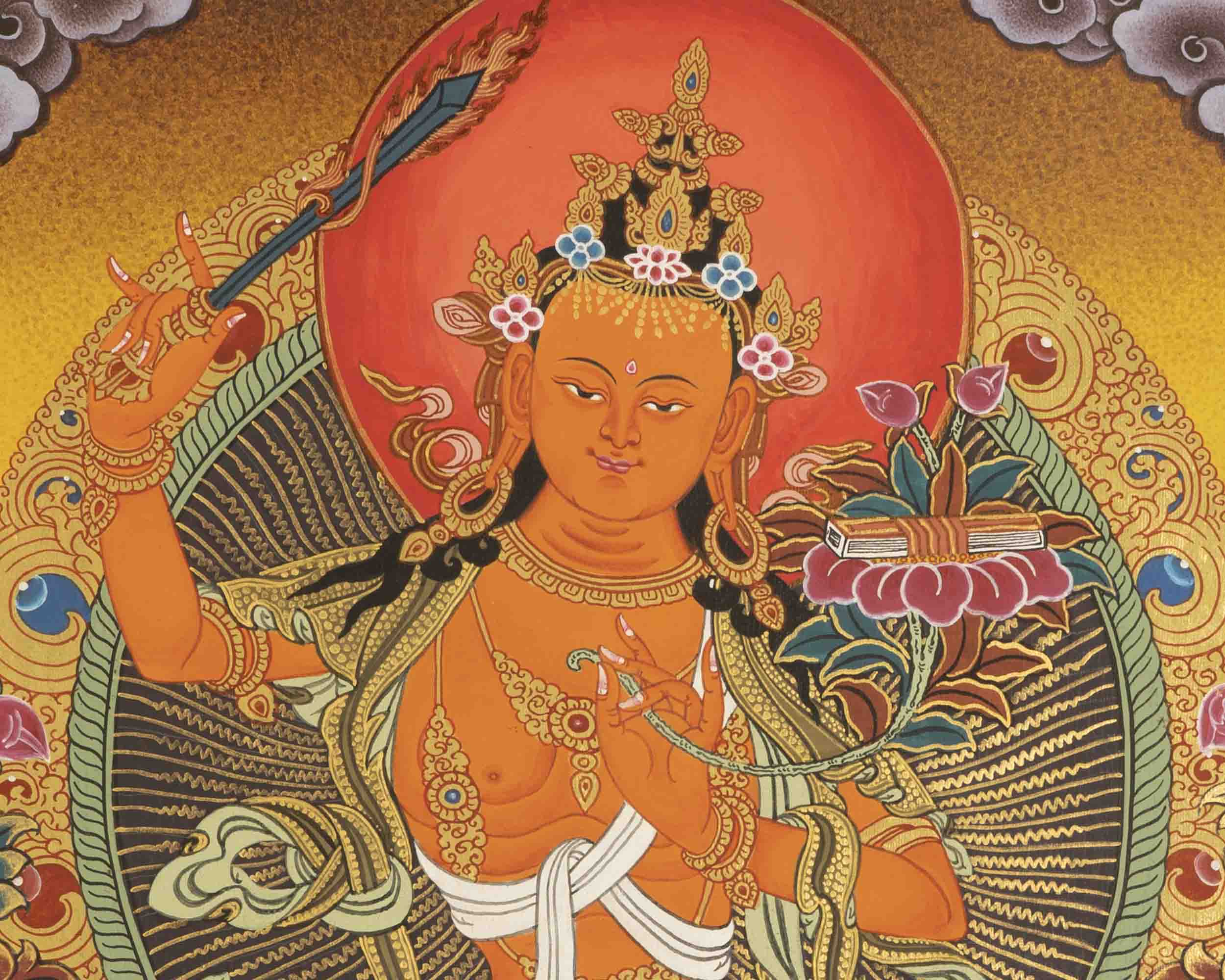 Original Hand Painted Manjushri Bodhisattva Thangka with Brocade | Wall Decoration Painting