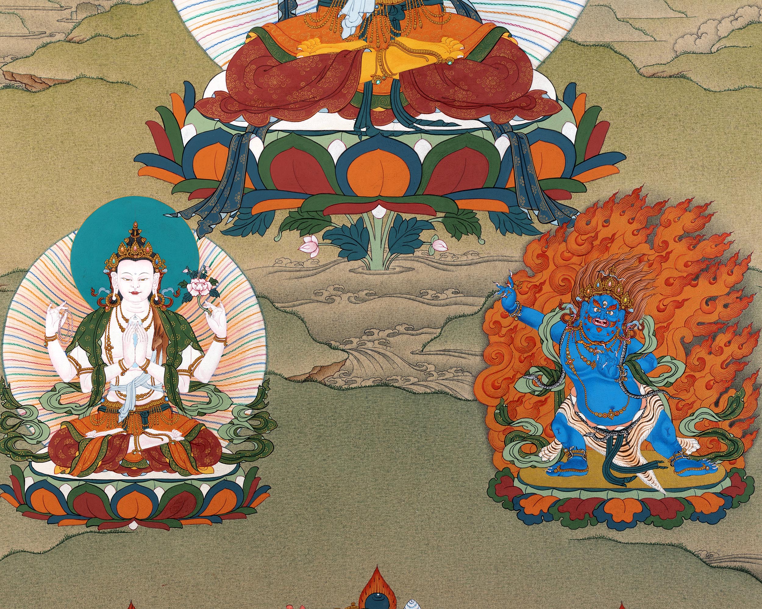 Manjushri With Chenrezig and Vajrapani Thangka | Tibetan Buddhist Thangka Painting