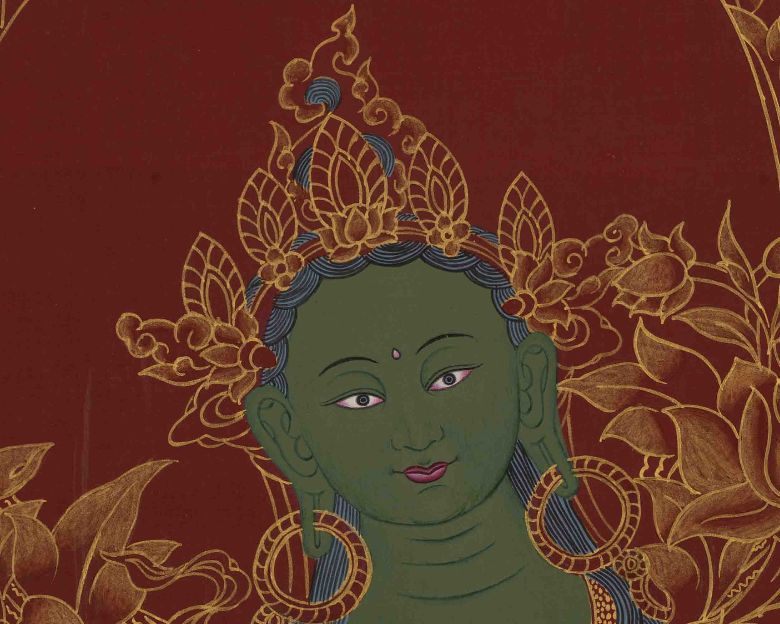 Original Green Tara Thangka | 24K Gold Style Artwork | Wall Decors