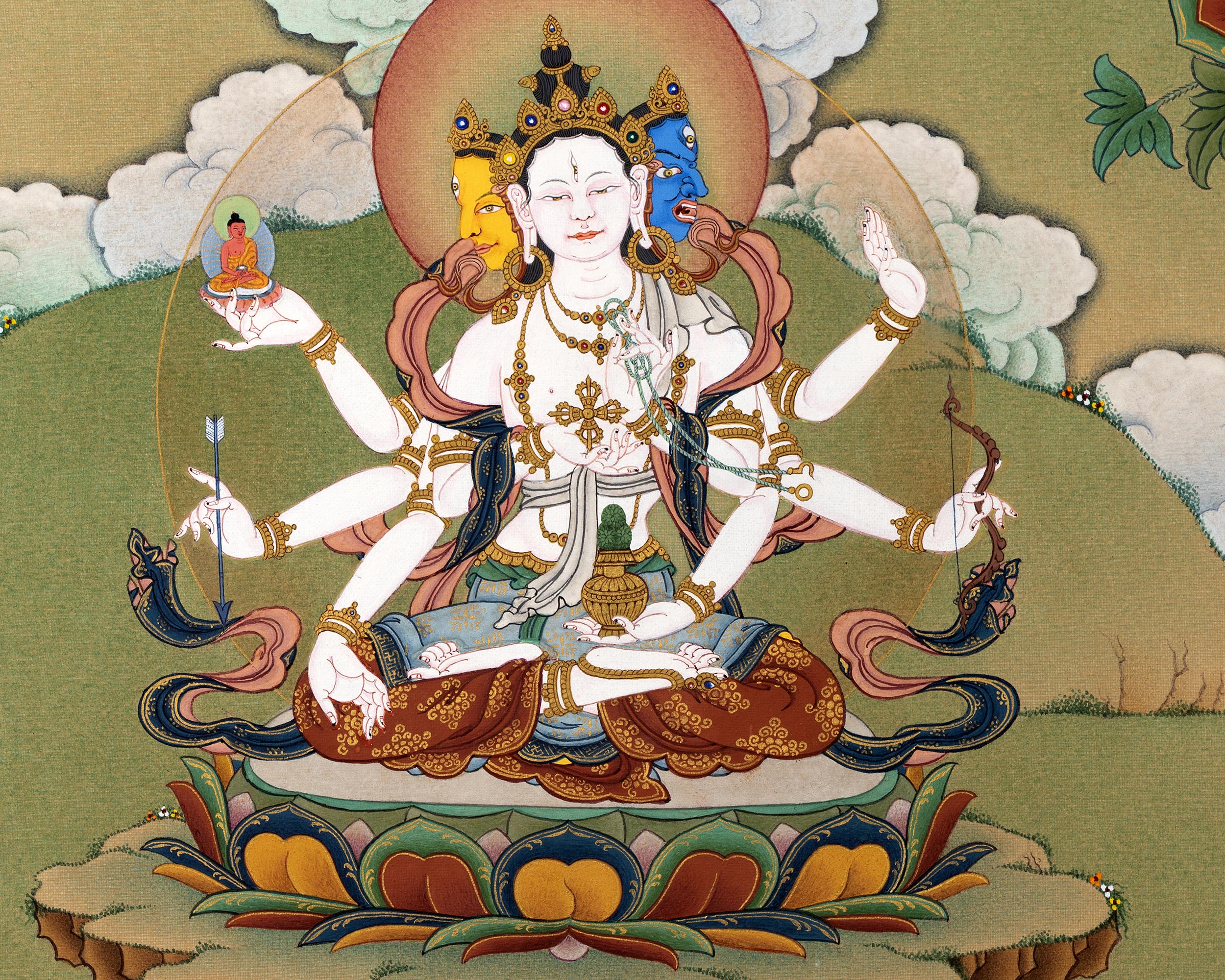 White Tara with Namgyalma, Amitayus Buddha | Treasure Bodhisattva | Tibetan Thangka