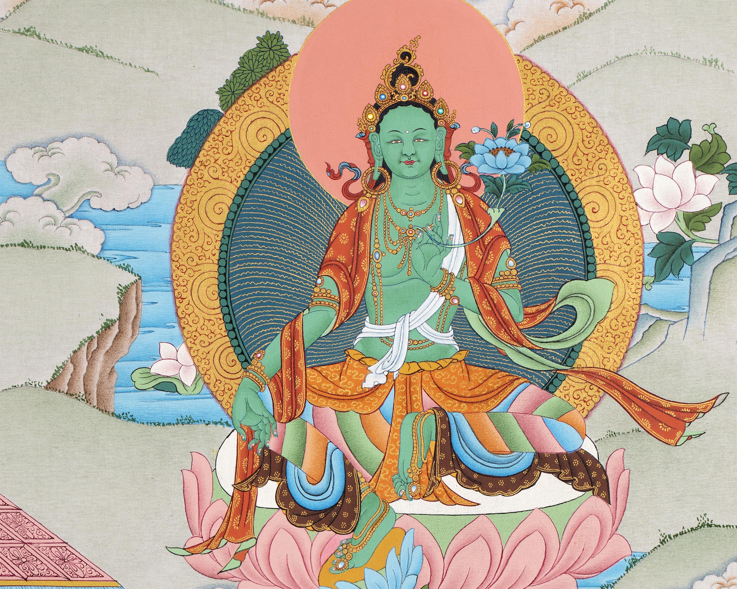 Five Manjushri with Buddha and Bodhisattva Thangka, Tibetan Buddhist Art