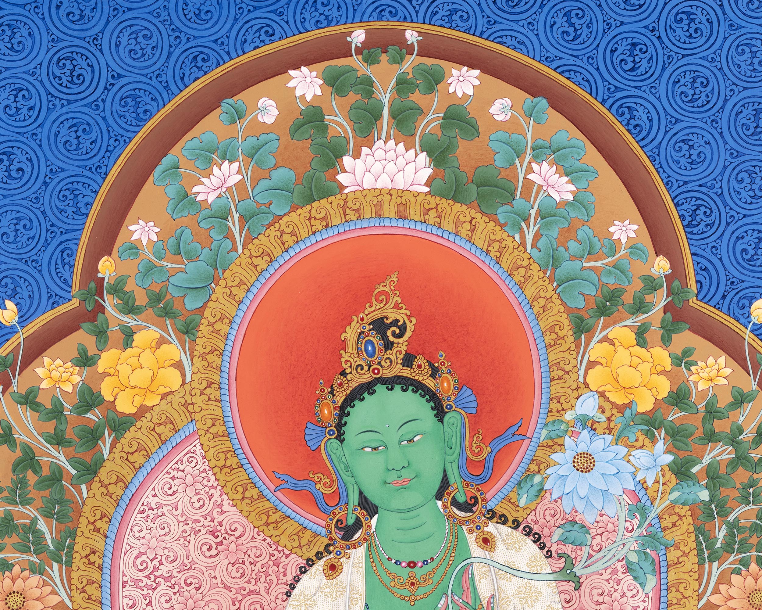 Thangka of Green Tara | Compassion and Protection | Silk Brocade Mounted