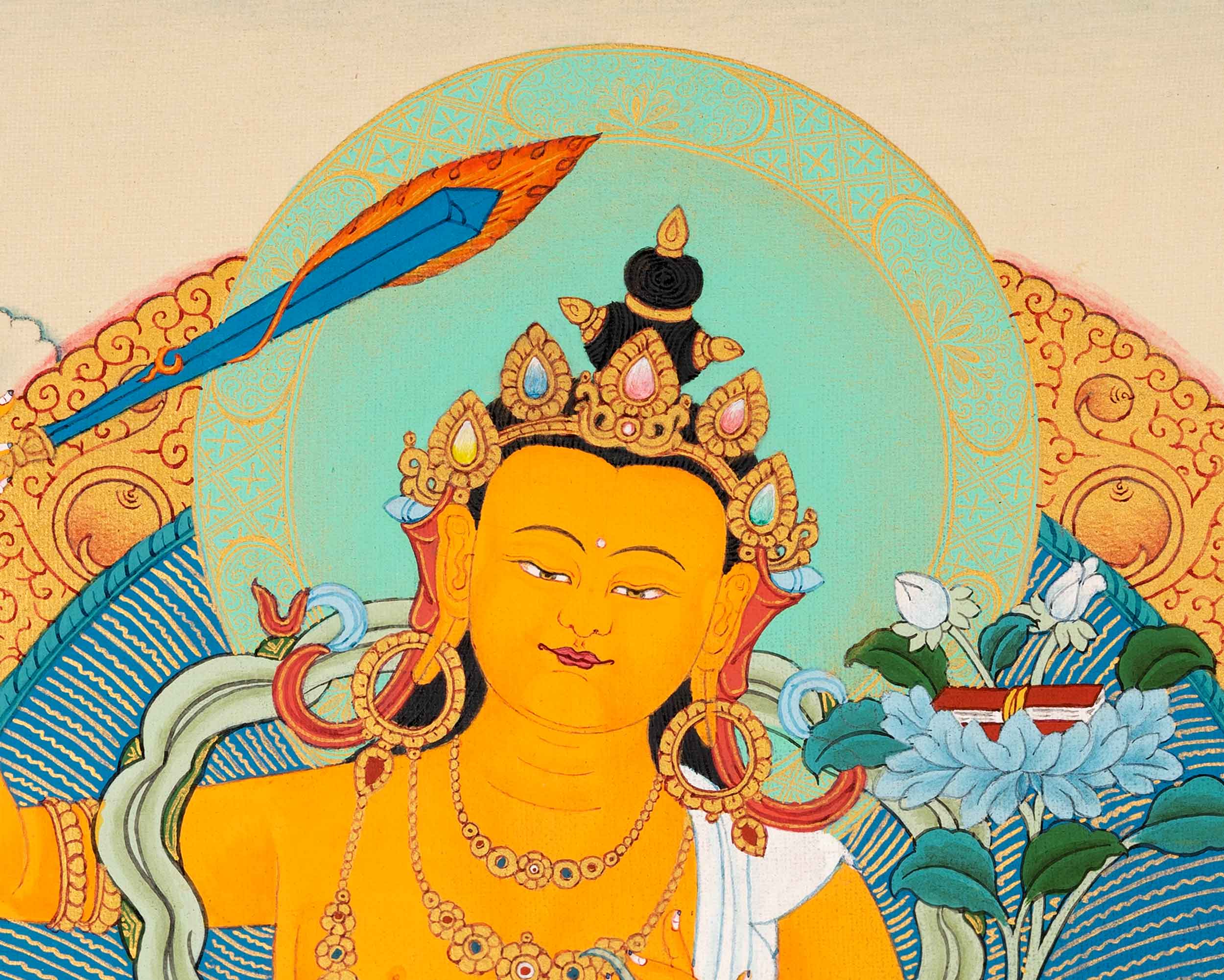 Manjushri Art Thangka | Finely Hand Painted in Cotton Canvas