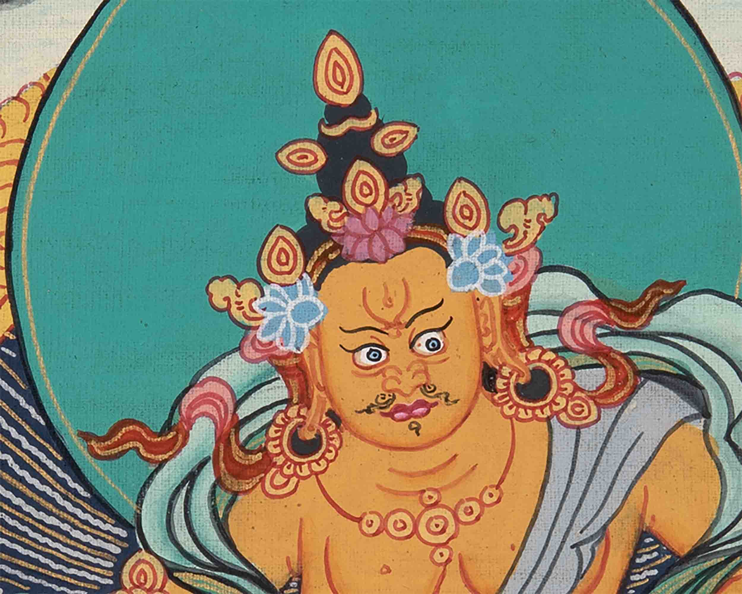 Dzambala Kubera Thangka With Brocade | Hand-Painted Deity Of Wealth