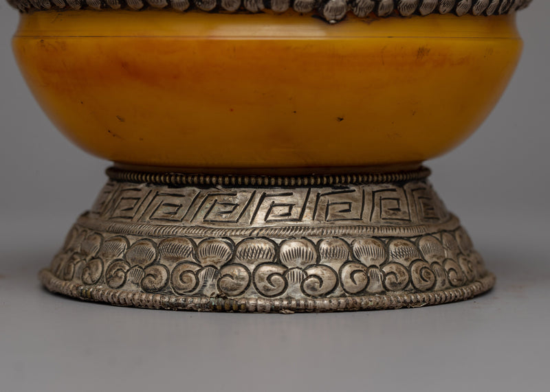 Silver Dhupur Rice Pot | Tibetan Food Offering with Plastic Amber