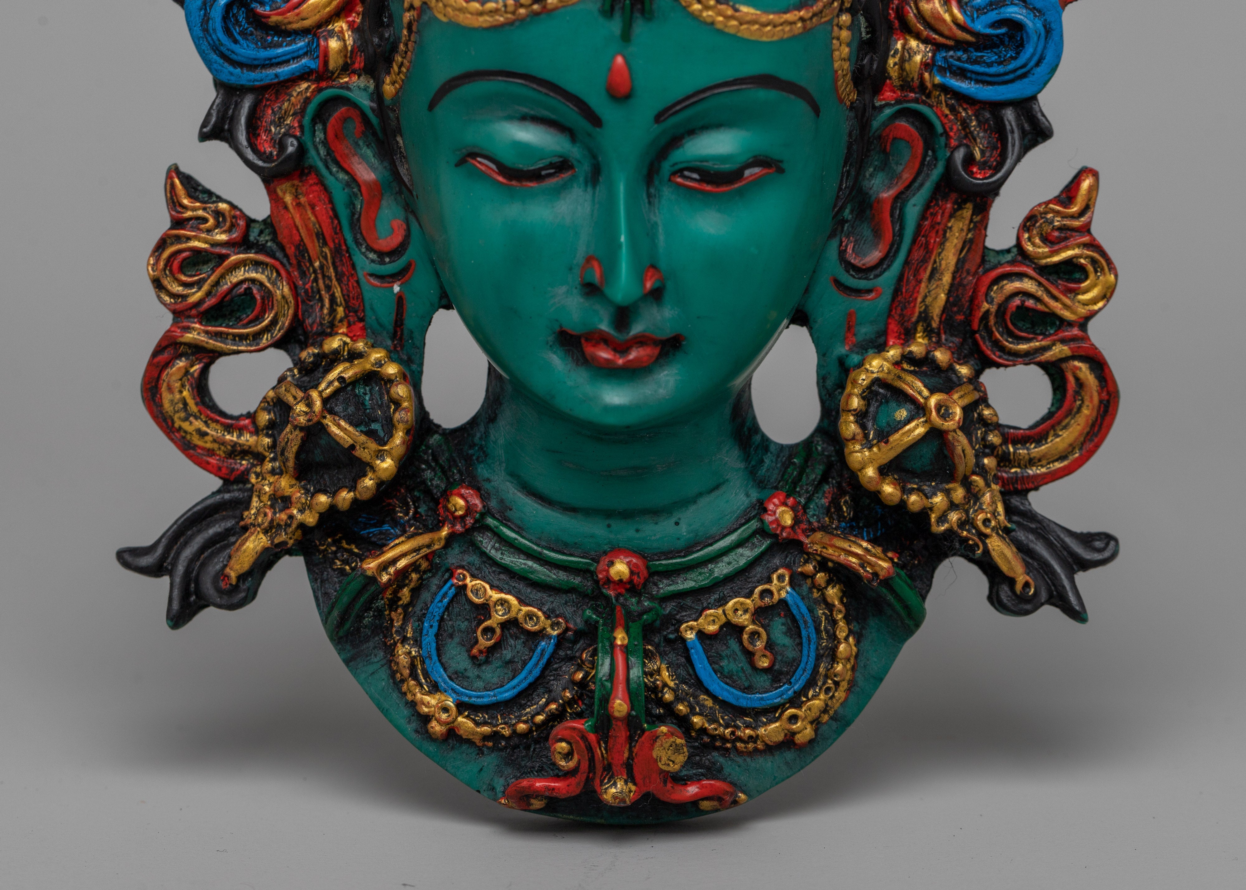 Green Tara Wall Hanging Face Mask | Traditional Tibetan Deity Art