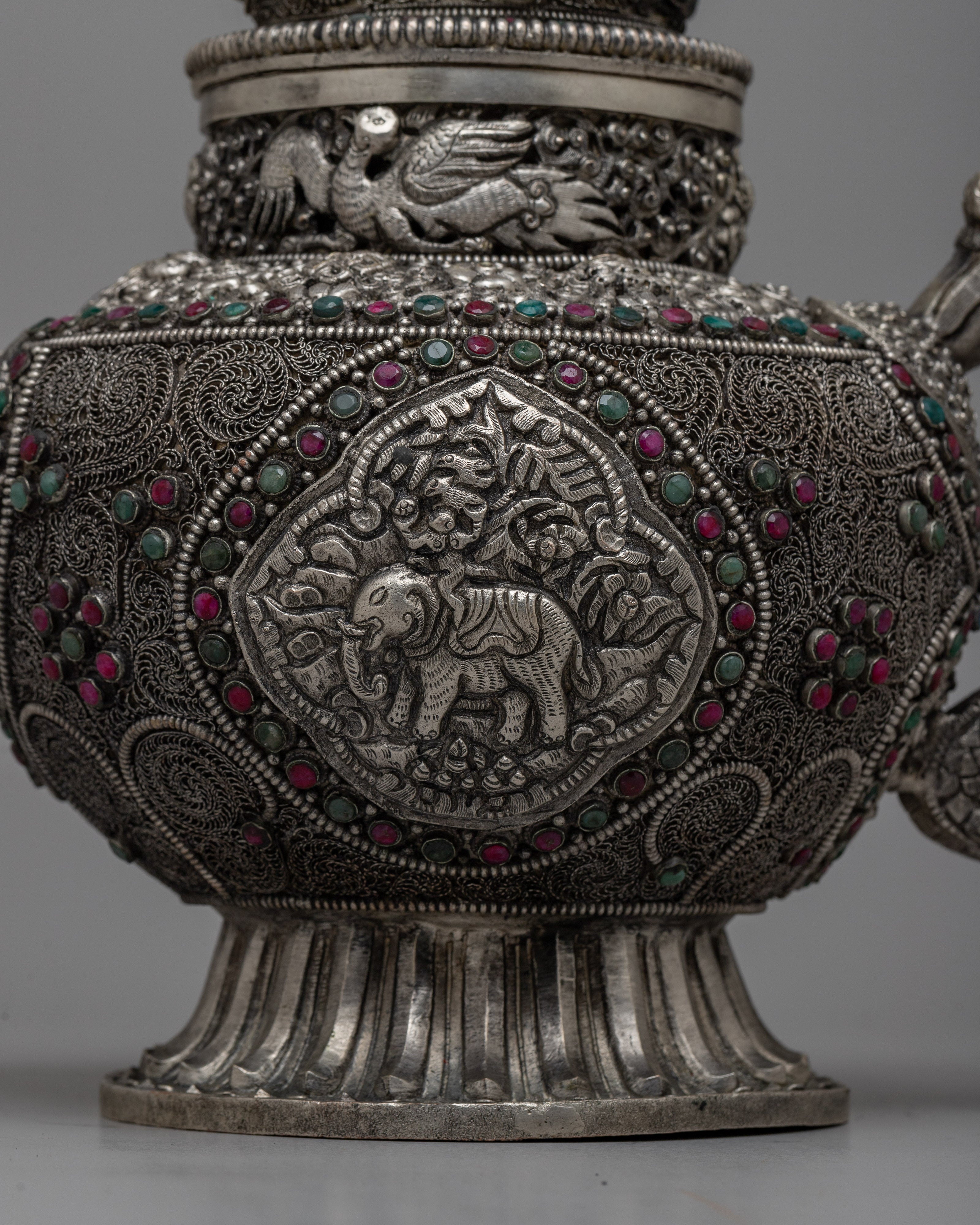 Silver Plated Tibetan Ritual Kettle | Traditional Buddhist Ceremony TeaPot | Offered in Set or Single