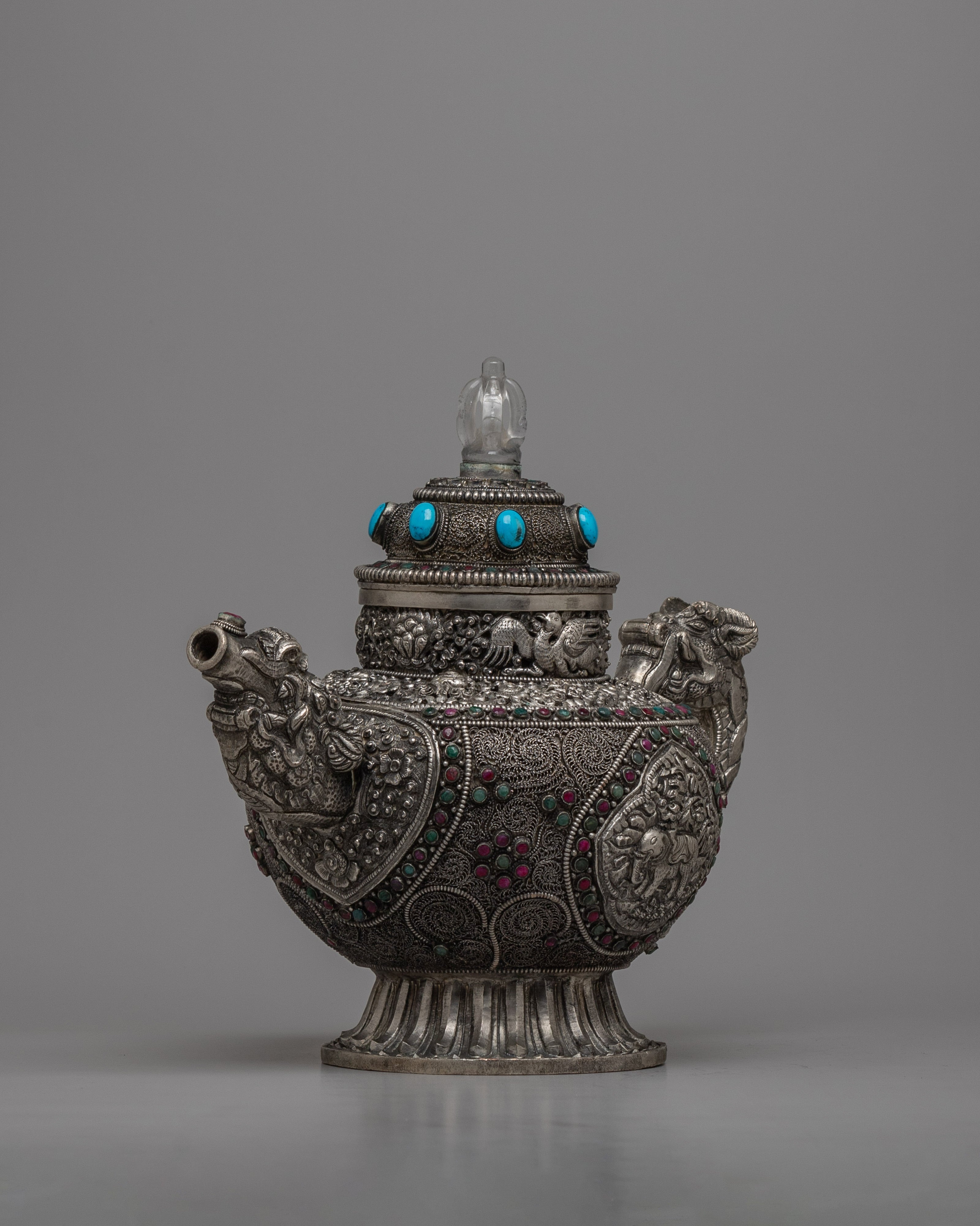 Silver Plated Tibetan Ritual Kettle | Traditional Buddhist Ceremony TeaPot | Offered in Set or Single