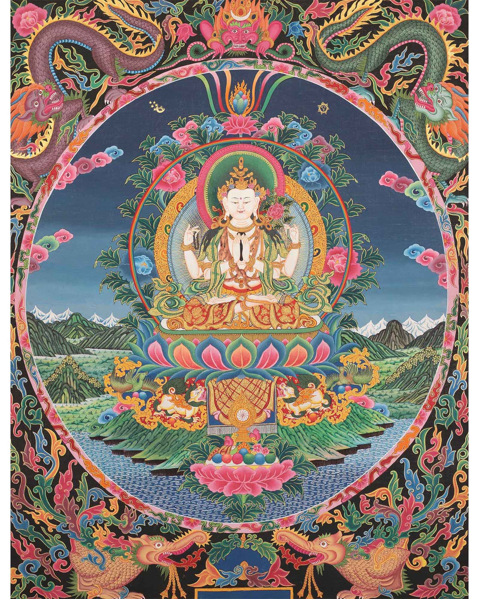 4 Armed Chengrezig Thangka | Buddhist Newari Art Style from Kathmandu Nepal