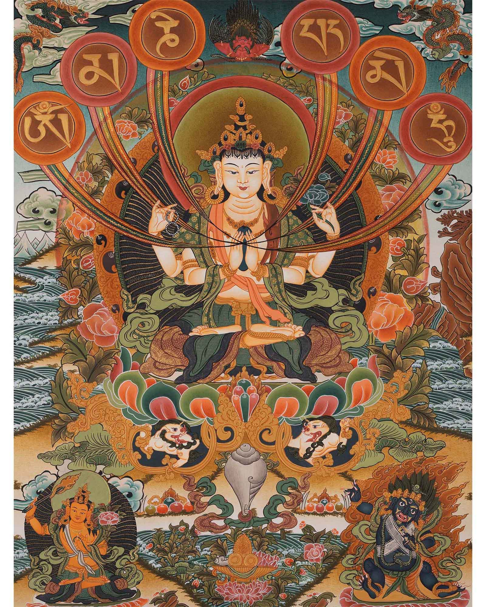 4 Armed Chenrezig | Avalokiteshvara Thangka Painting from Nepal