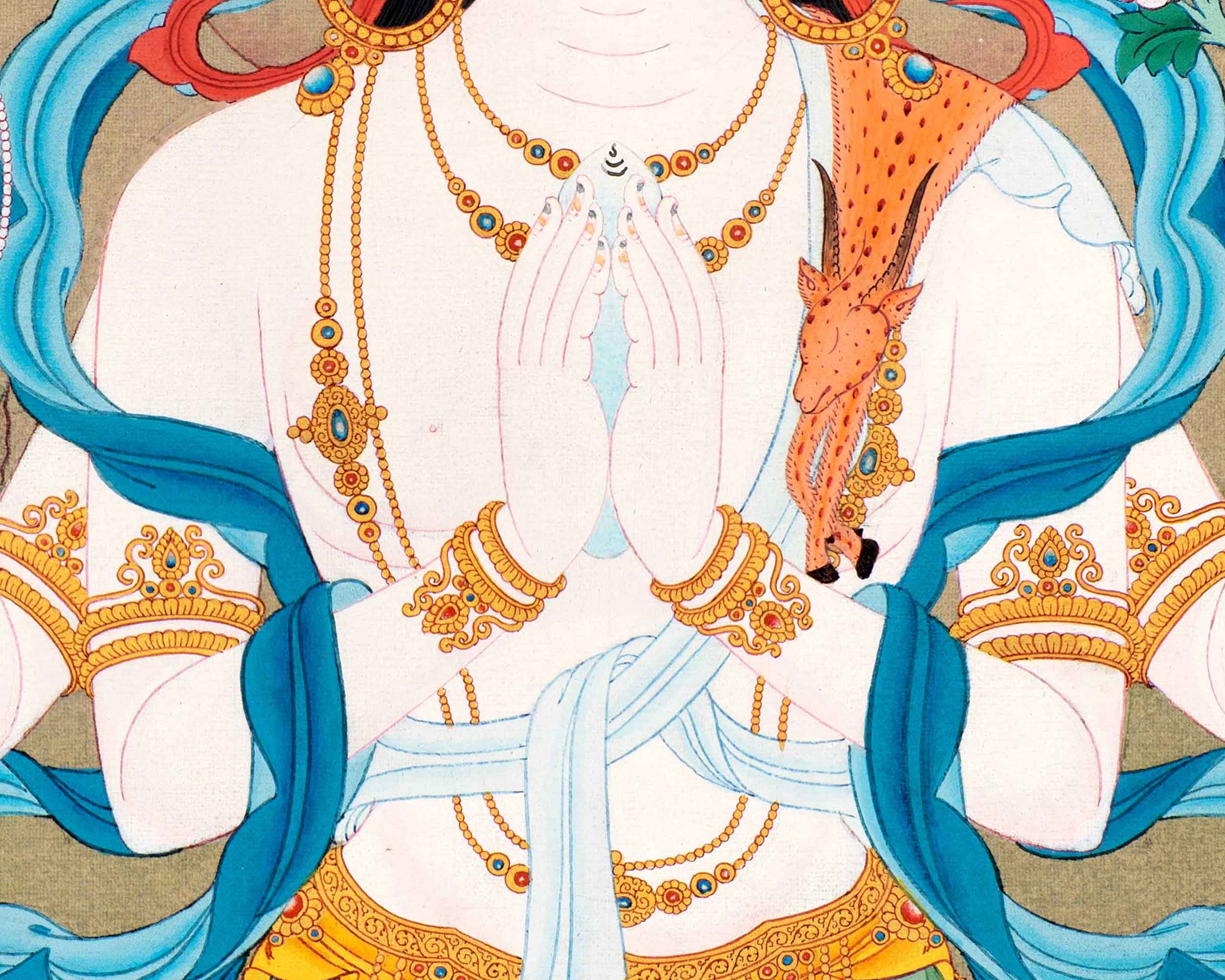 Small Avalokiteshvara Thangka | Traditionally Hand Painted 24K Gold Buddhist Painting