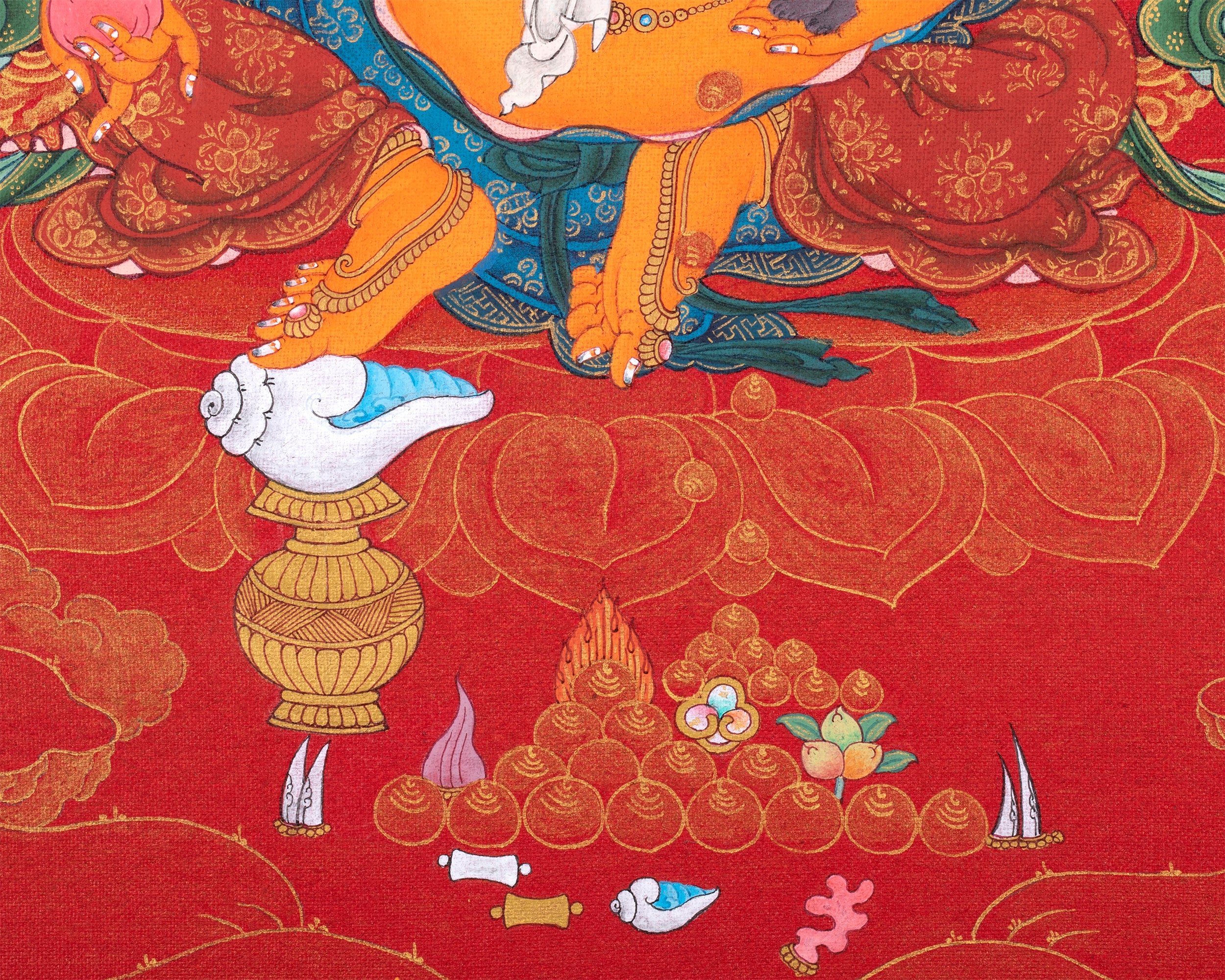 Jambala Thangka | Dzambhala Painting | Hand-painted Buddhist Wealth Deity | Red And Gold