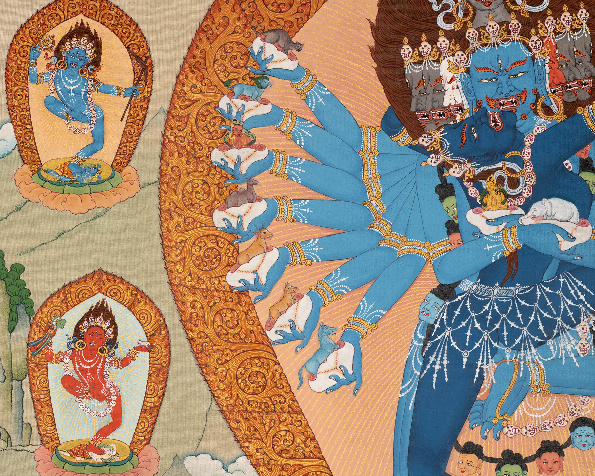 Hevajra with Vajra Nairatmya and the 8 Dakinis, Tibetan Thangka Painting