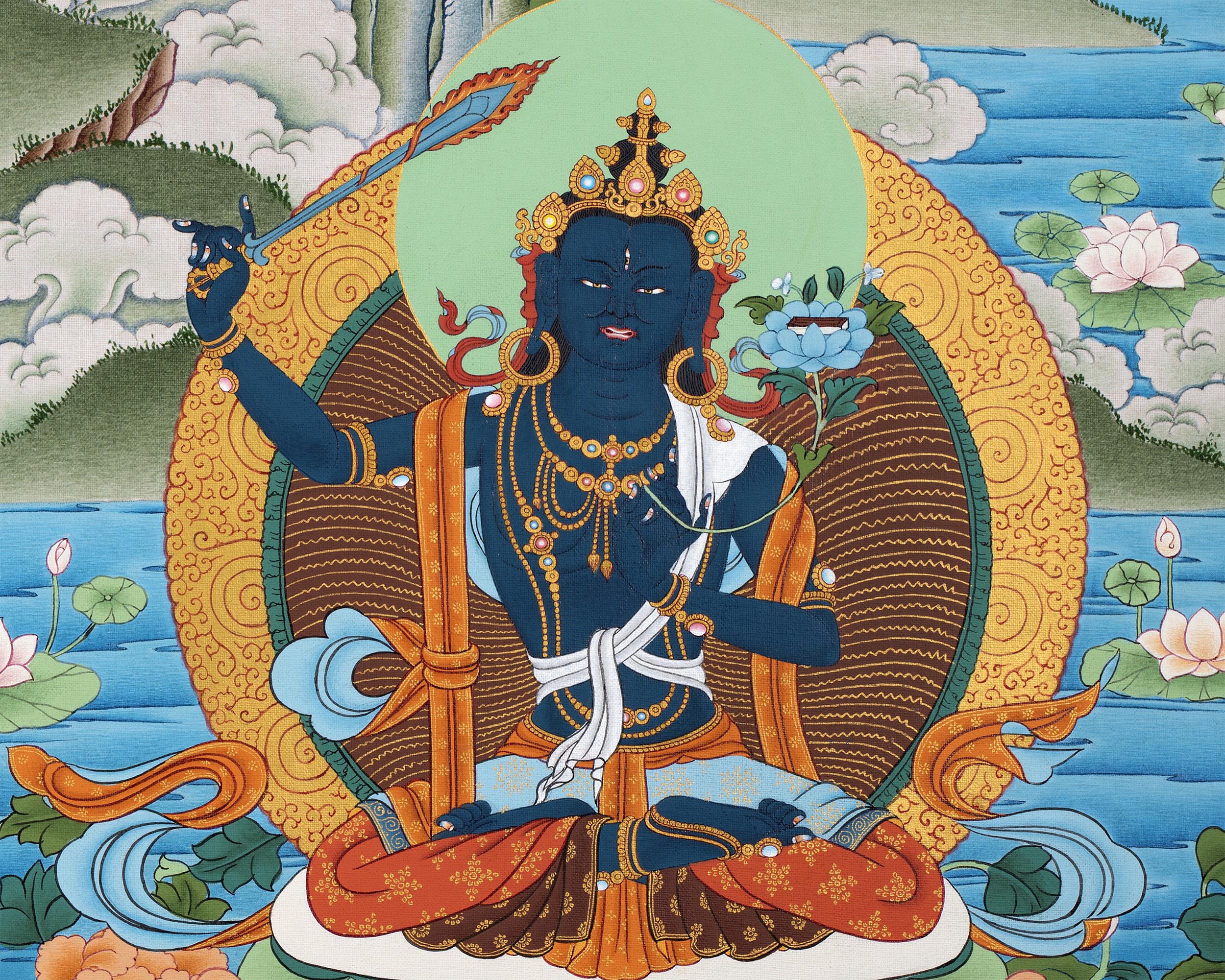 Five Manjushri with Buddha and Bodhisattva Thangka, Tibetan Buddhist Art