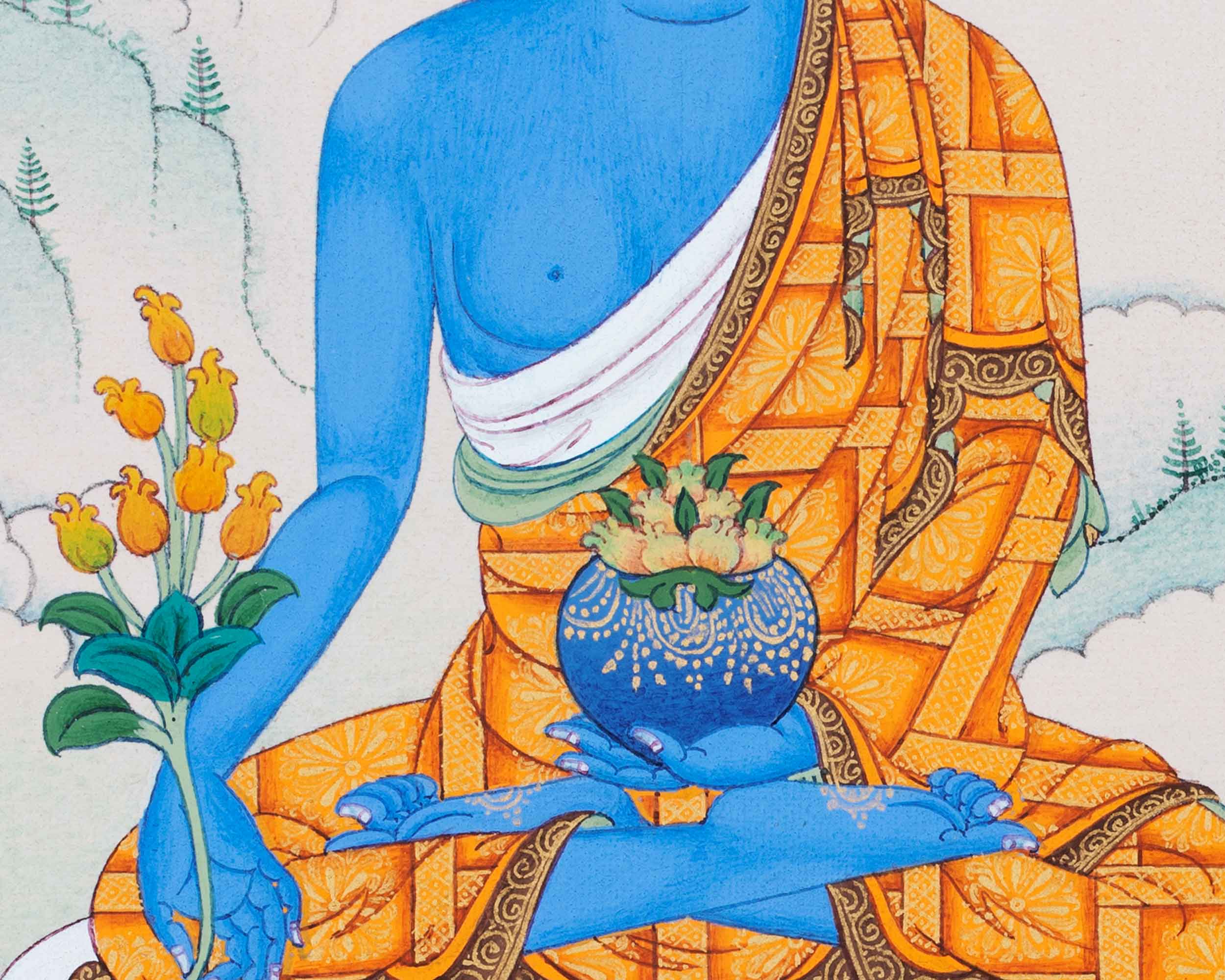 Hand-Painted Thangka For Medicine Buddha Mantra Practice | Traditional Tibetan Buddhist Art