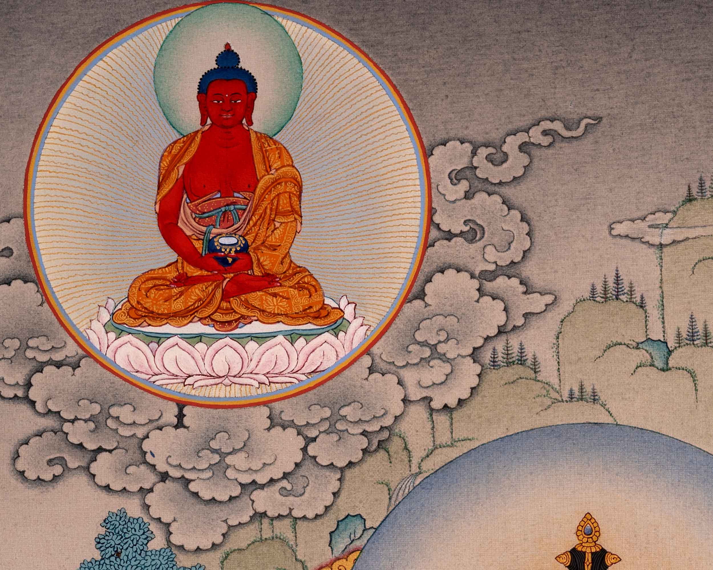 Bodhisattva Thangka | Chenrezig with Vajrapani, Manjushri and Amitabha Buddha