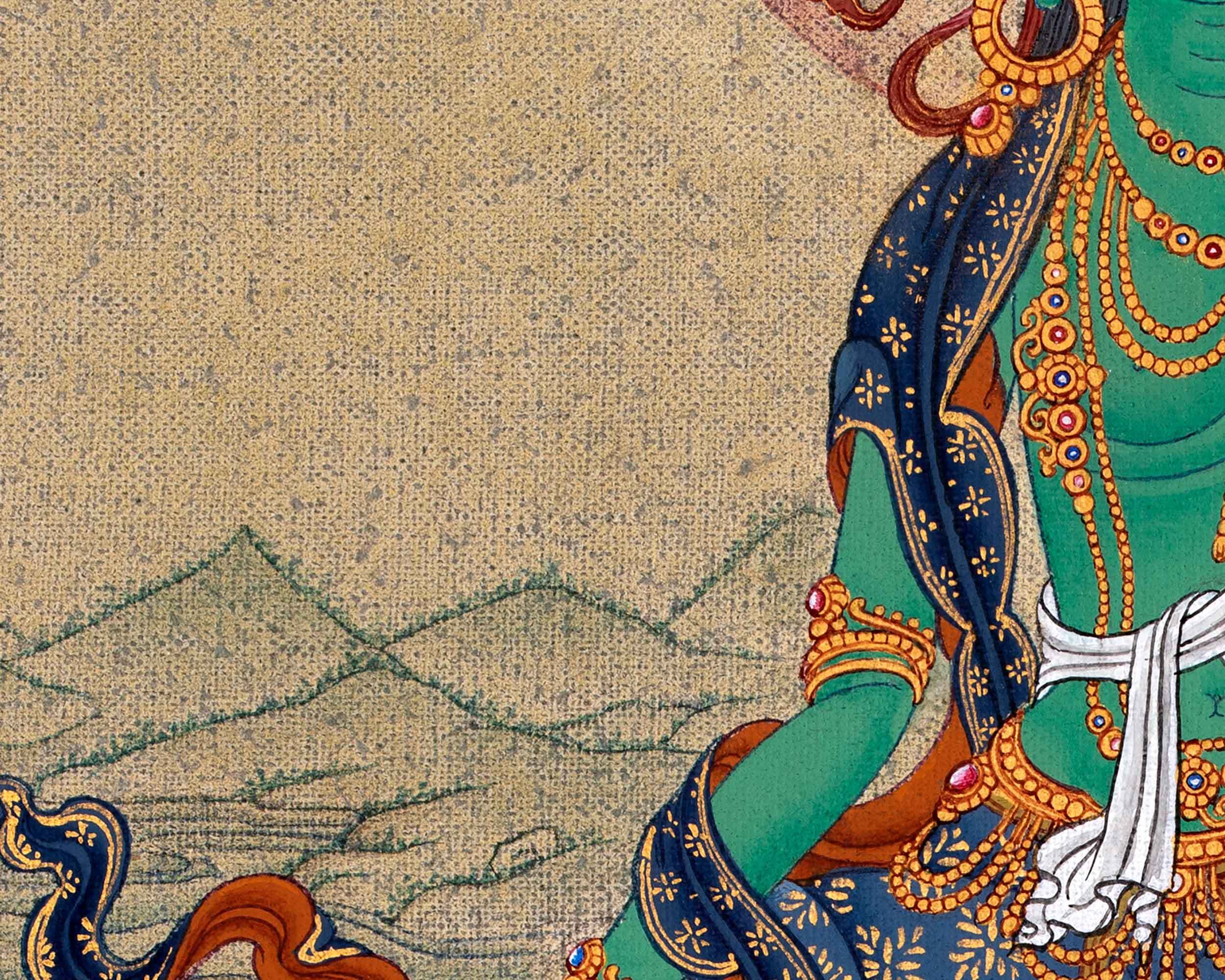 Green Tara, Dolma Tibetan Thangka, Hand Painted Tara in Natural Stone Colors and 24K Gold