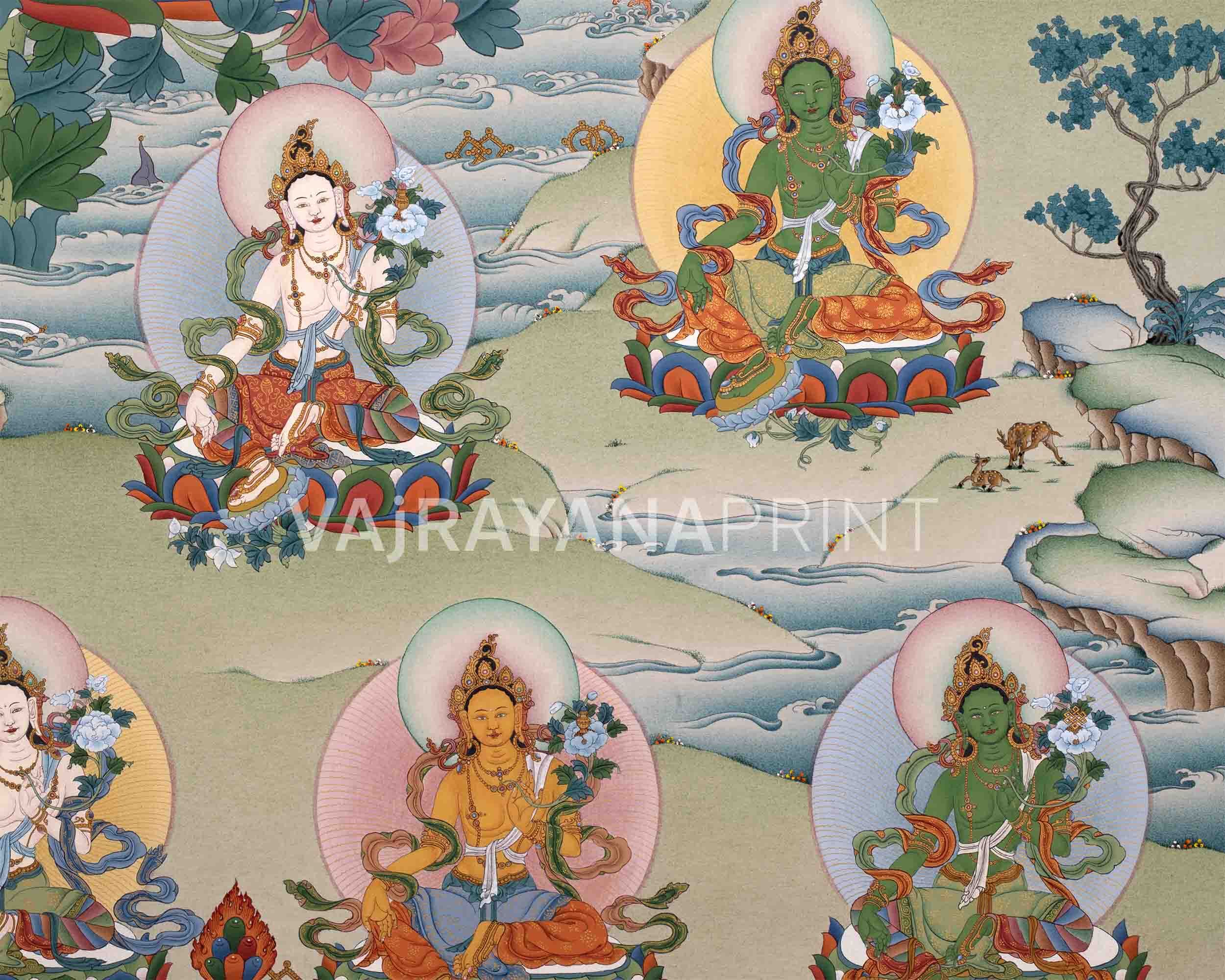 Traditionally Crafted Thangka Print For 21 Tara Praise | Tibetan Thangka Print For Mindfuless | Tibetan Buddhism Art