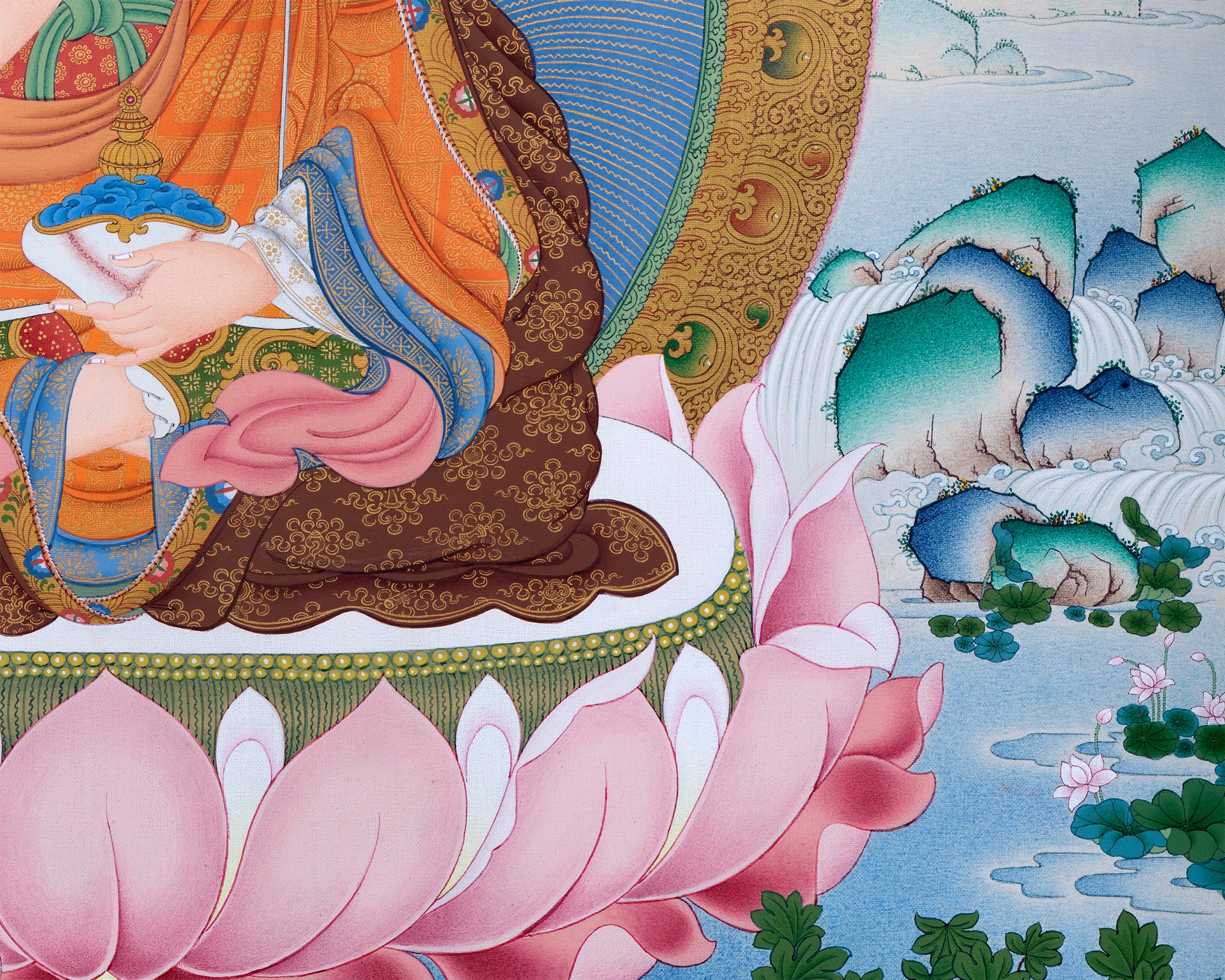 Guru Rinpoche, Padmasambhava Thangka, Tibetan Buddhist Painting in Natural Stone Color & 24K Gold (includes a silk brocade)