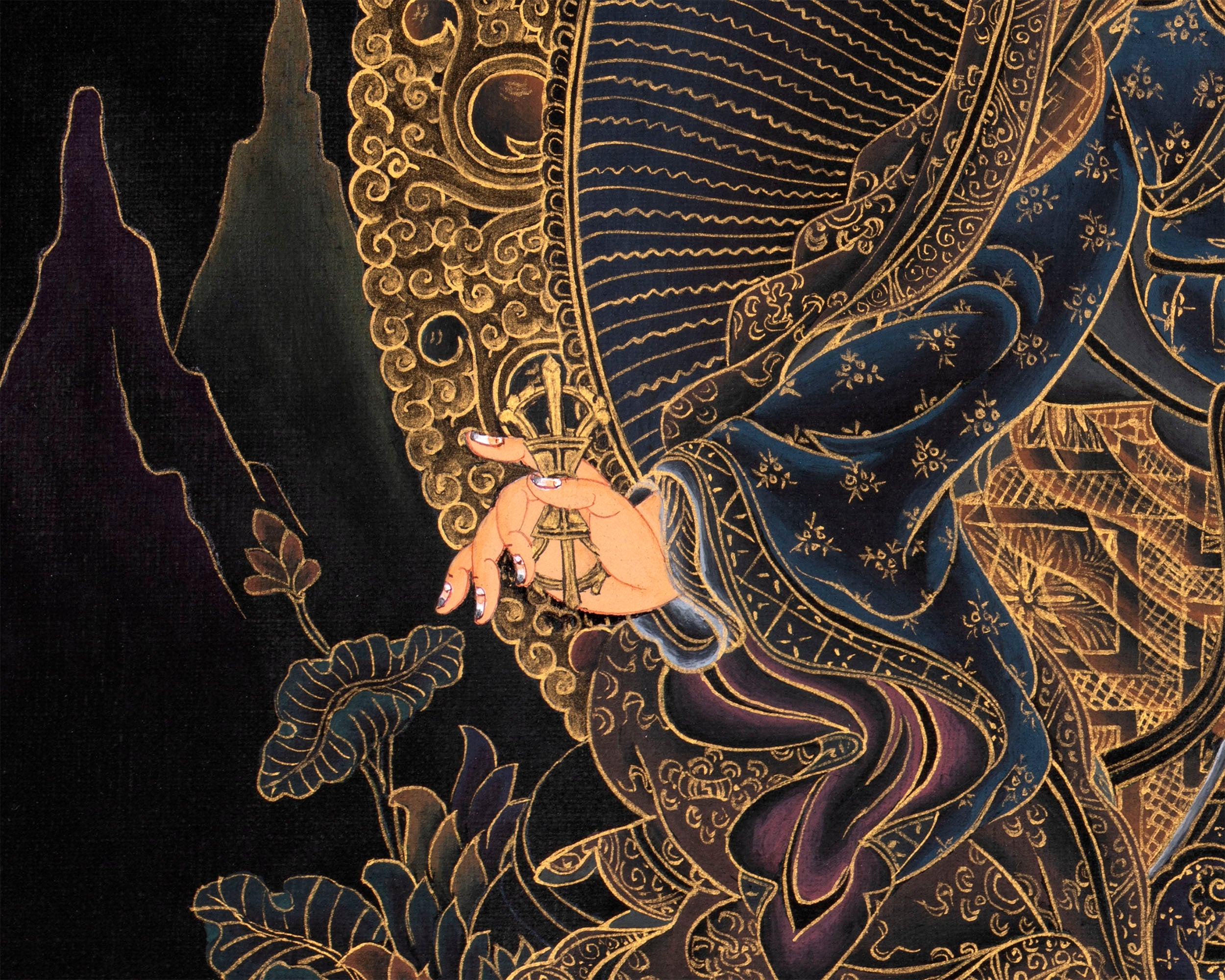 Guru Rinpoche in Pure 24K gold Thangka, Nakthang Style Tibetan Painting