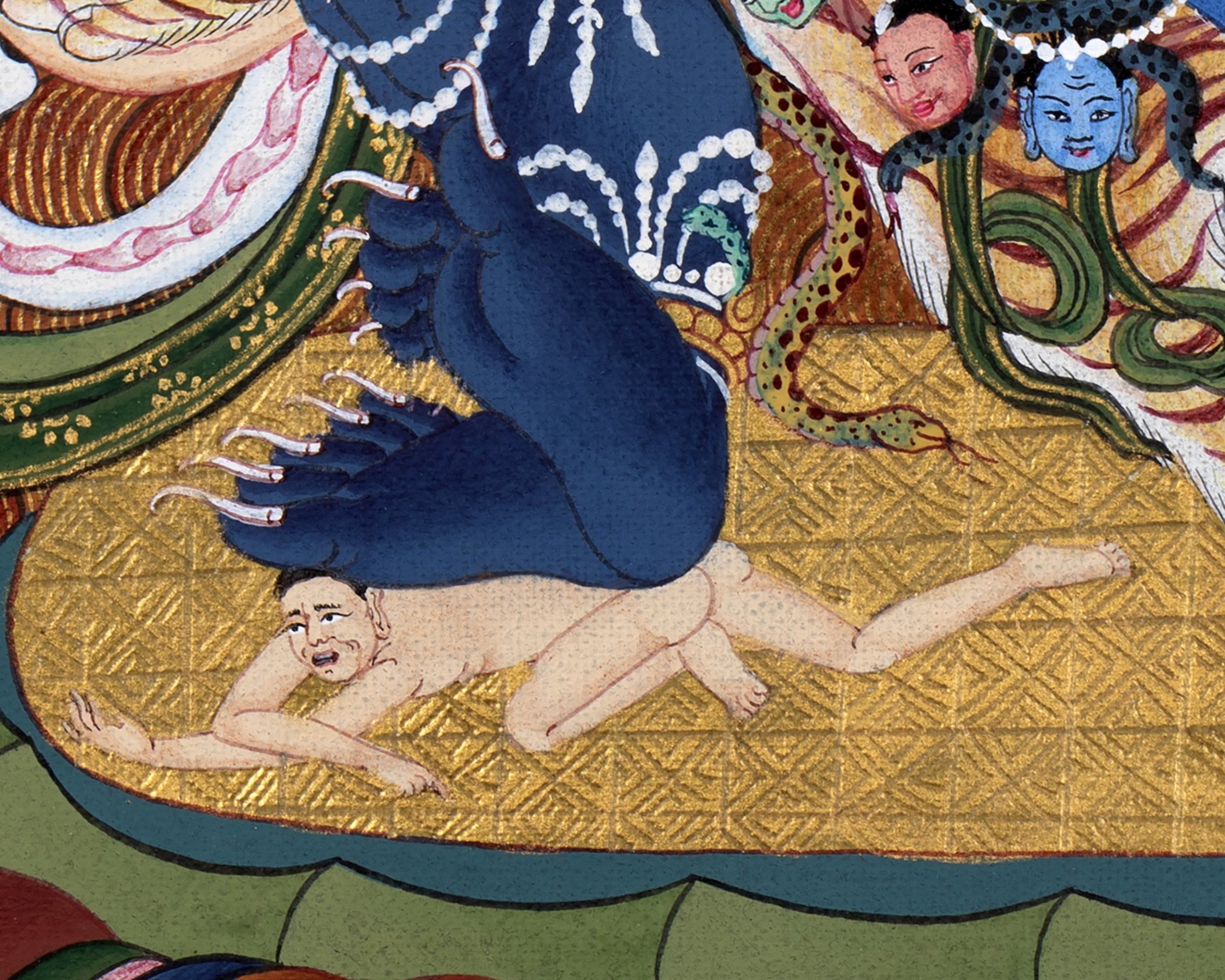 Vajrakilaya Thangka, Hand Painted Traditional Tibetan Wall Painting, Natural Stone colors and 24K Gold (includes Brocade)